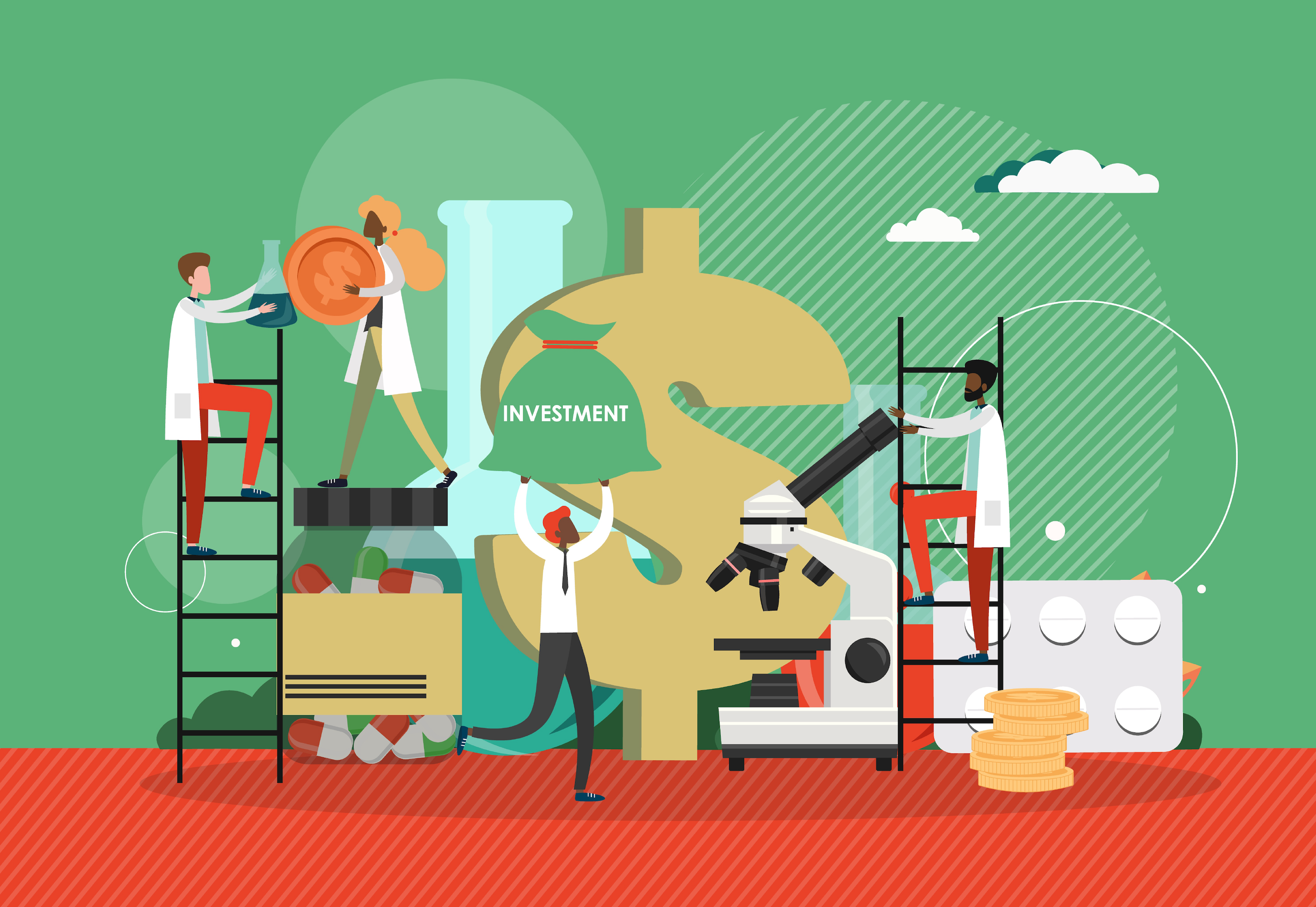 A compilation vector featuring various pharmaceutical and scientific icons.