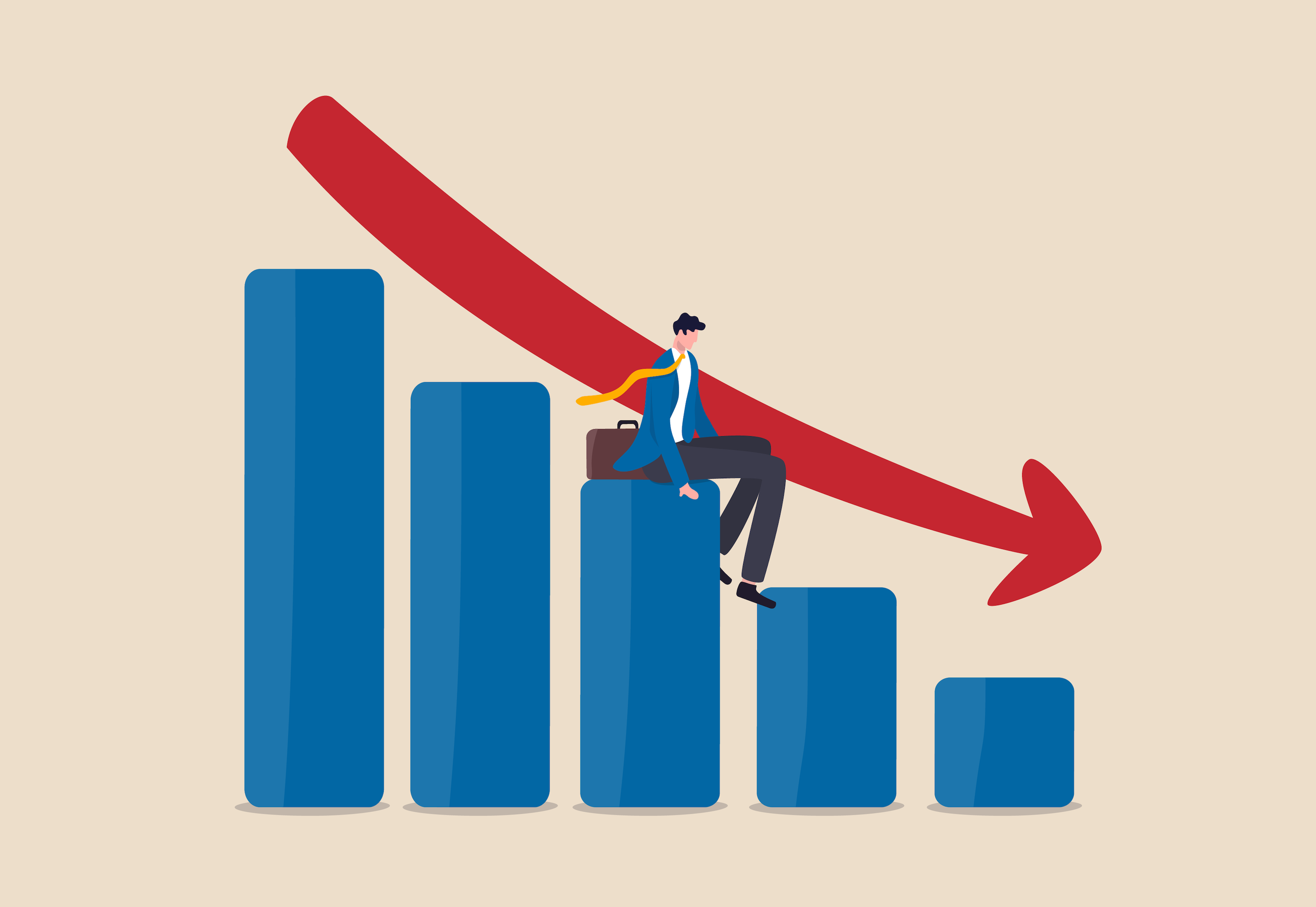 An unemployed investor or business owner sitting on a descending bar graph.