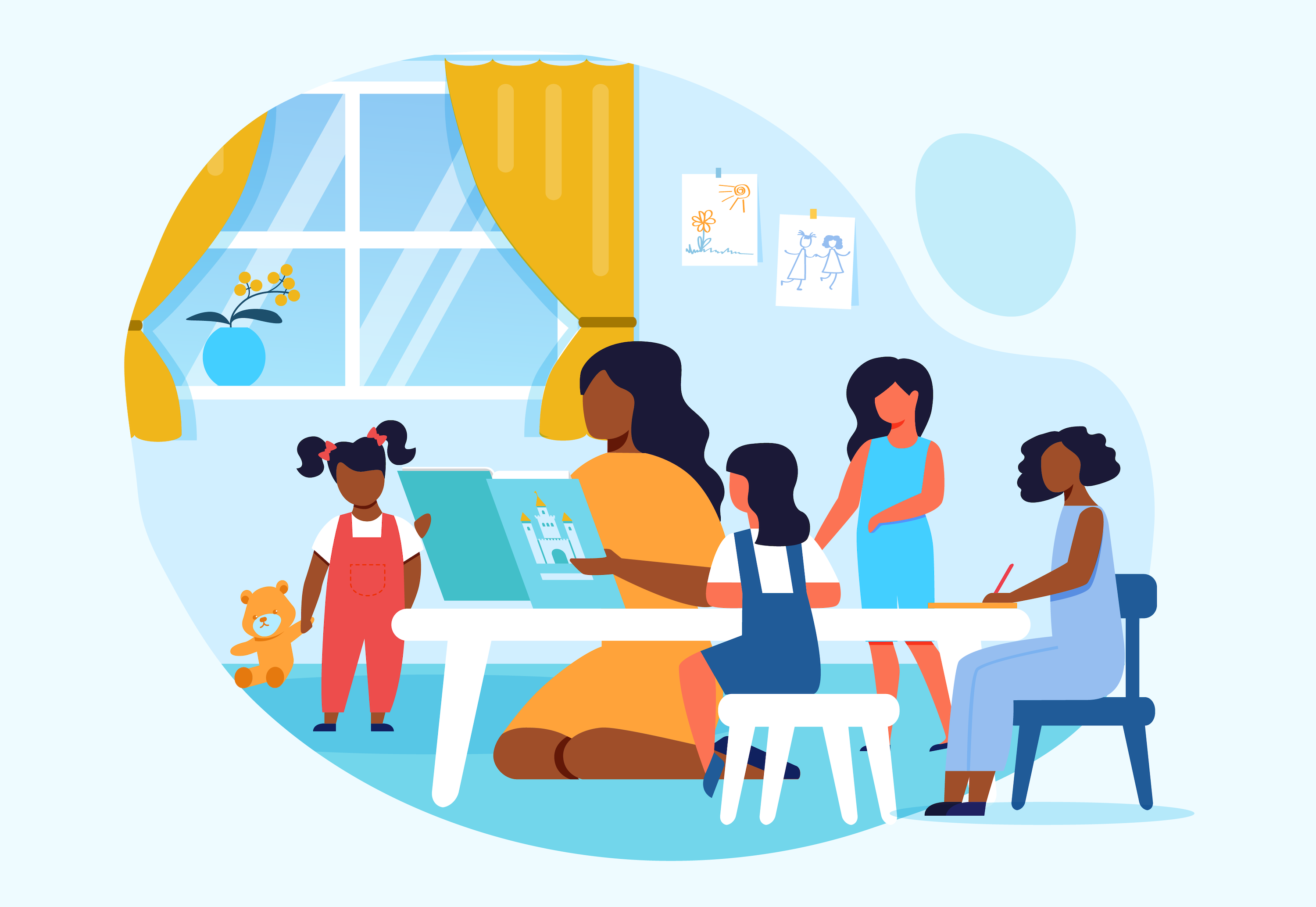 Children being read to and taken care of at day care.