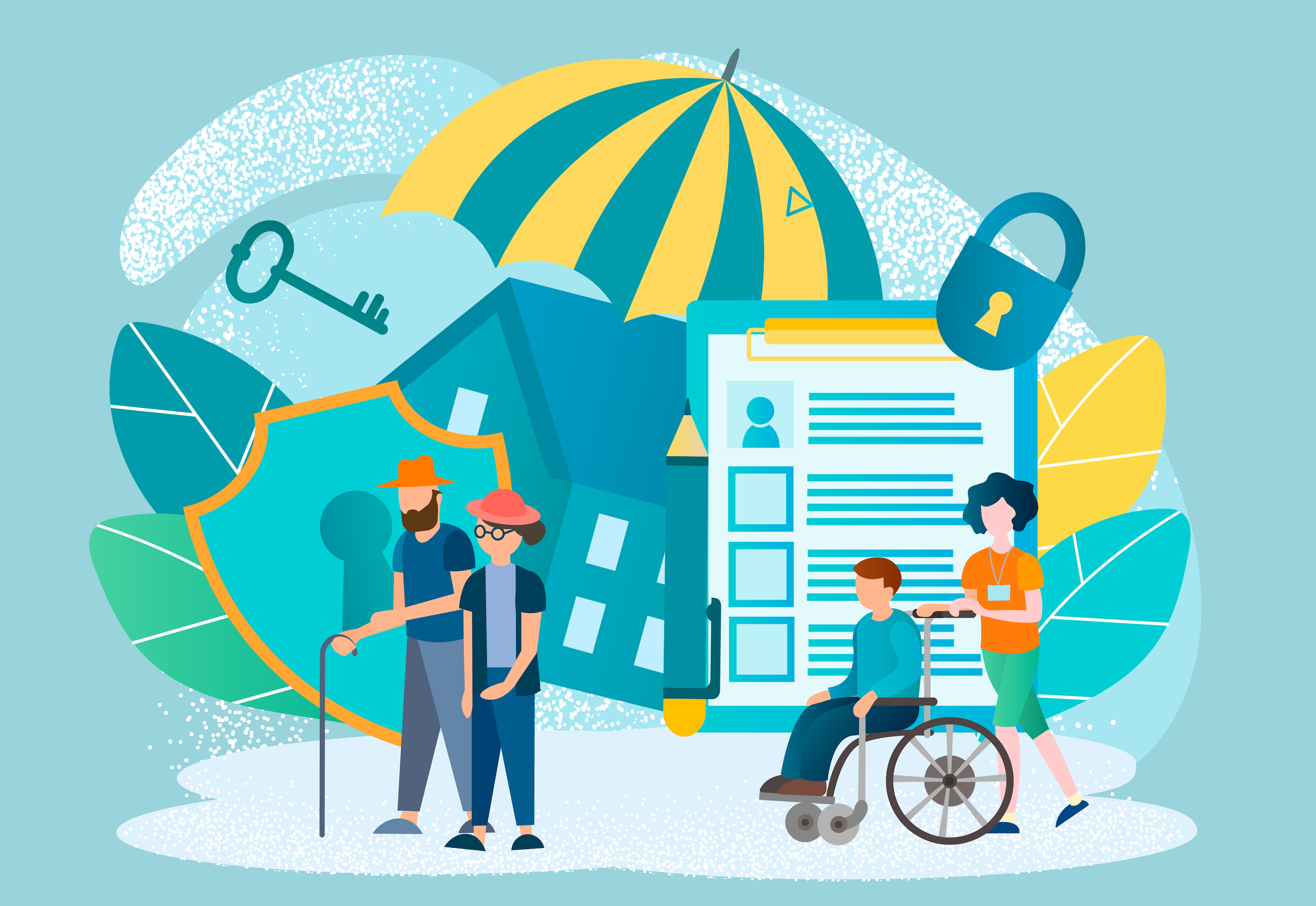 A collection of symbols representing the various forms of access and social insurance for disabled people.