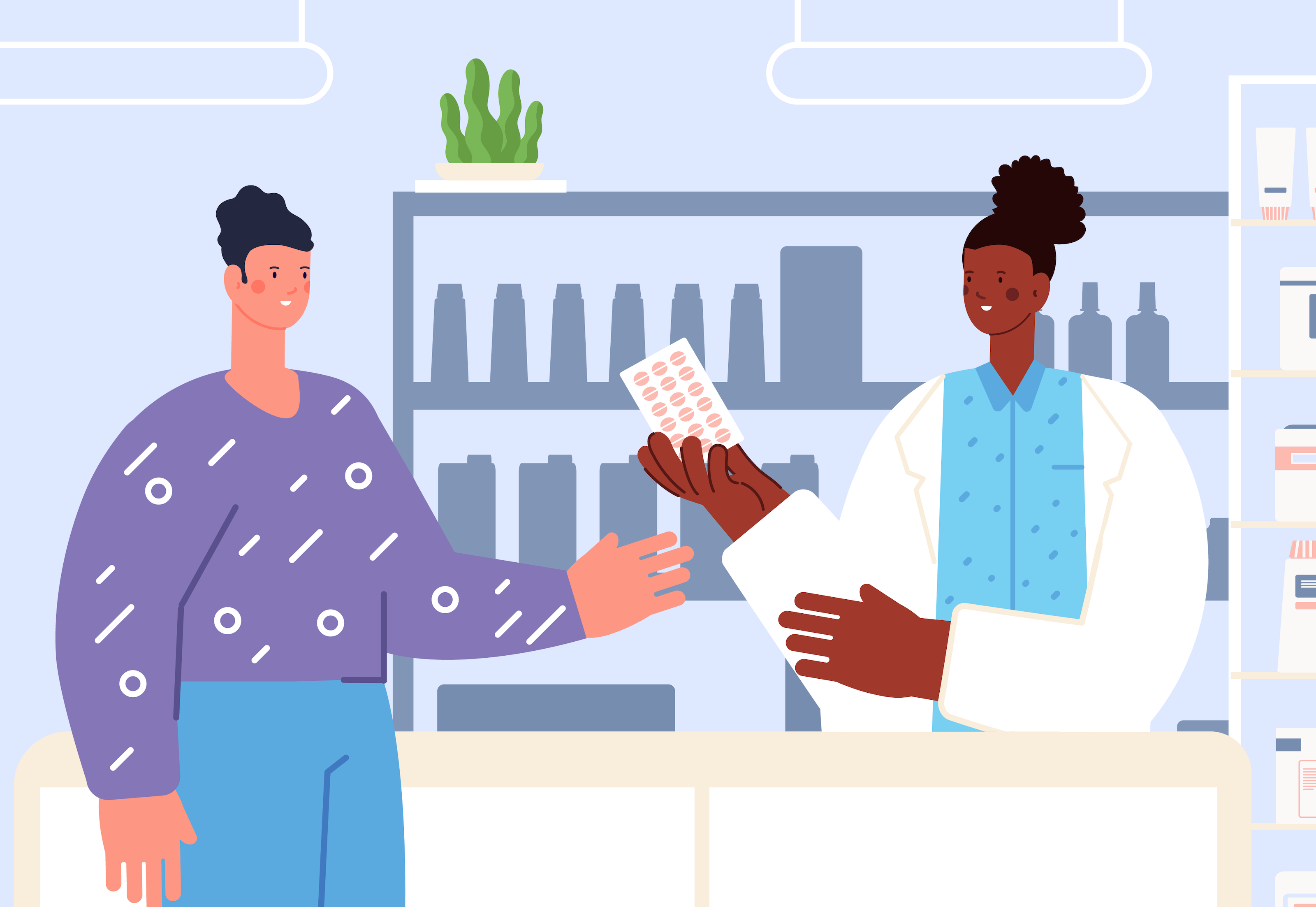 A person picking up medication from the pharmacy.