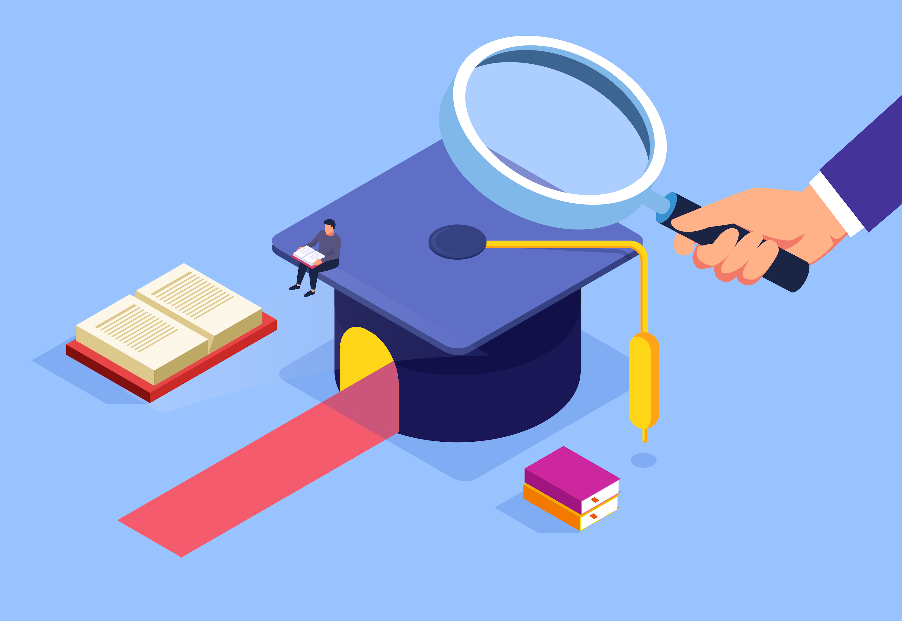 A graduation cap, symbolizing institutions of higher education, is being examined under a magnifying glass.