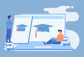 A graphic showing two students taking online classes.