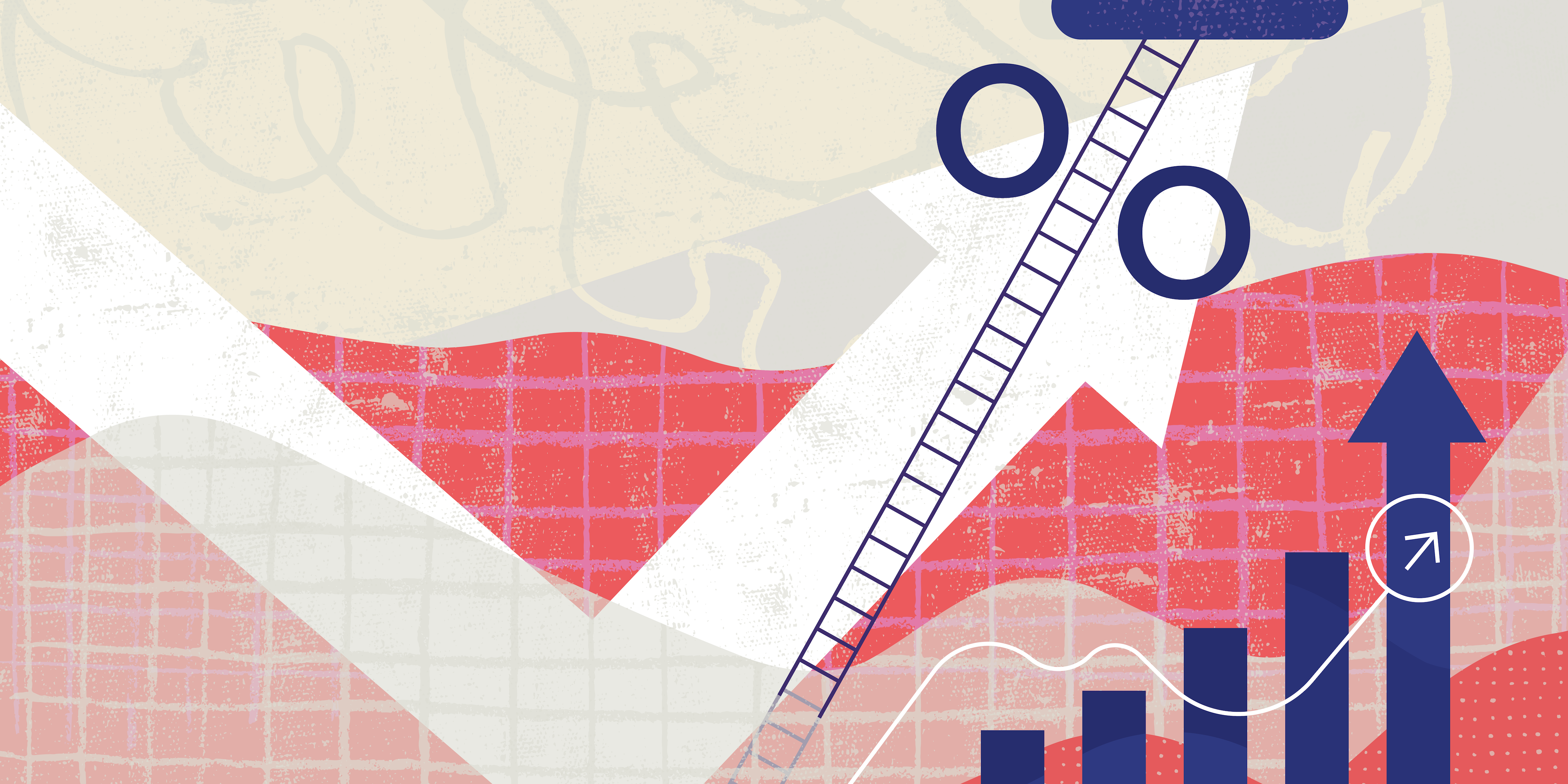 An abstract collage showing signs and indicators of economic growth and recovery.