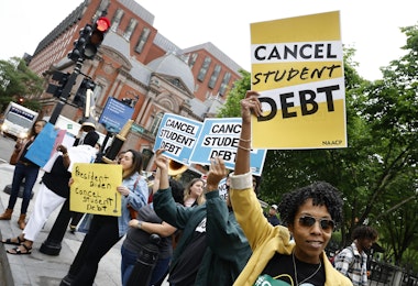 WASHINGTON, DC - MAY 12: Student loan borrowers gather near The White House to tell President Biden to cancel student debt on May 12, 2020 in Washington, DC. (Photo by Paul Morigi/Getty Images for We, The 45 Million)