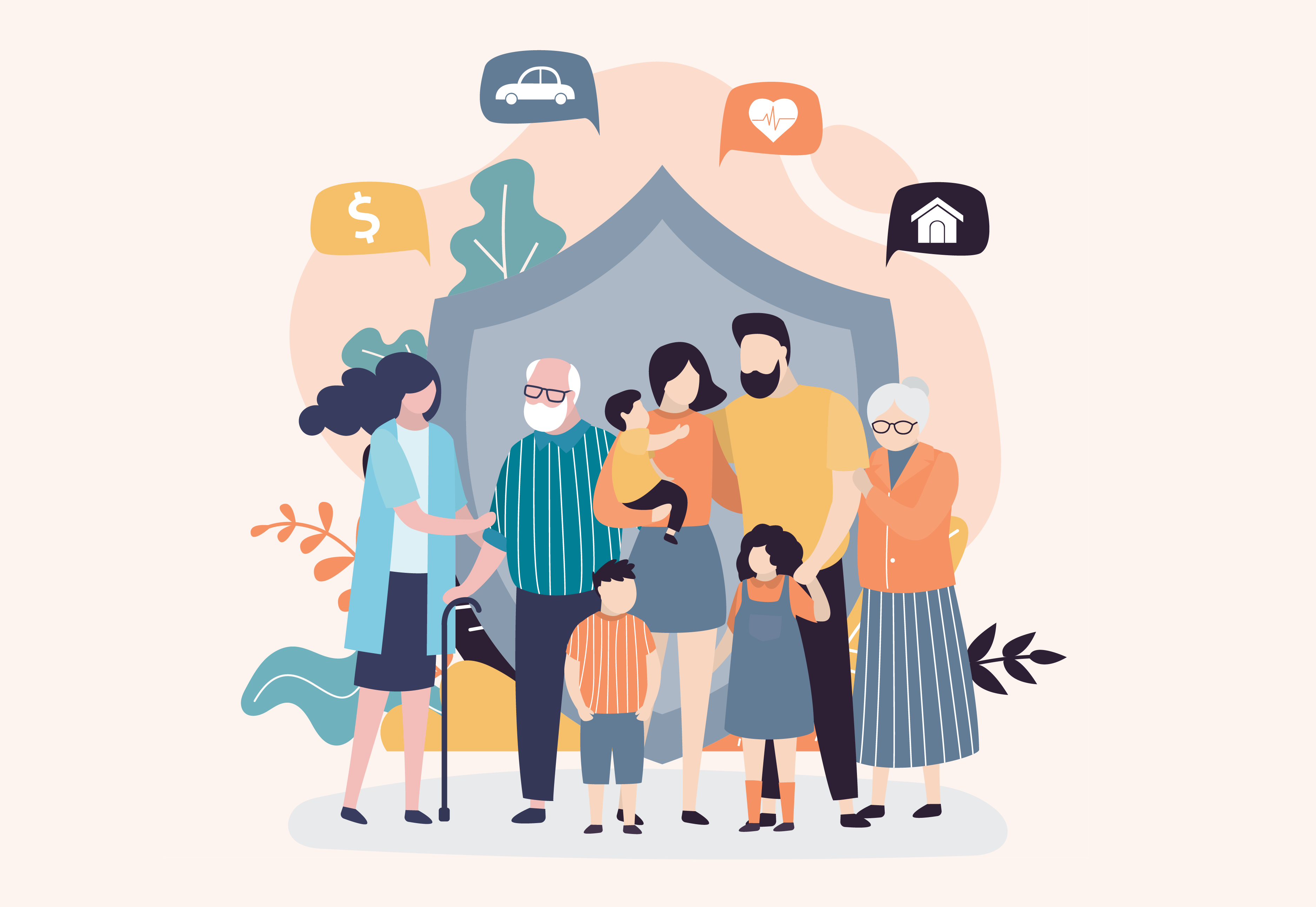 A vector collage showing a family with a series of icons above them that represent various concerns including child care, commuting, health care, and money.