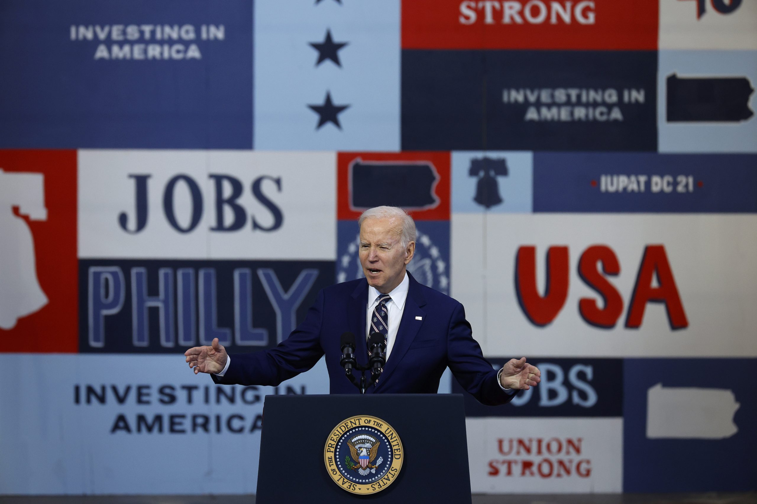 PHILADELPHIA, PENNSYLVANIA - MARCH 09: U.S. President Joe Biden talks about his proposed FY2024 federal budget during an event at the Finishing Trades Institute on March 09, 2023 in Philadelphia, Pennsylvania. Seen as a preview to his re-election platform, Biden's proposed budget is projected to cut the deficit by $3 trillion over the next 10 years. It remains unlikely that the plan will find any support in the Republican-controlled House of Representatives. (Photo by Chip Somodevilla/Getty Images)