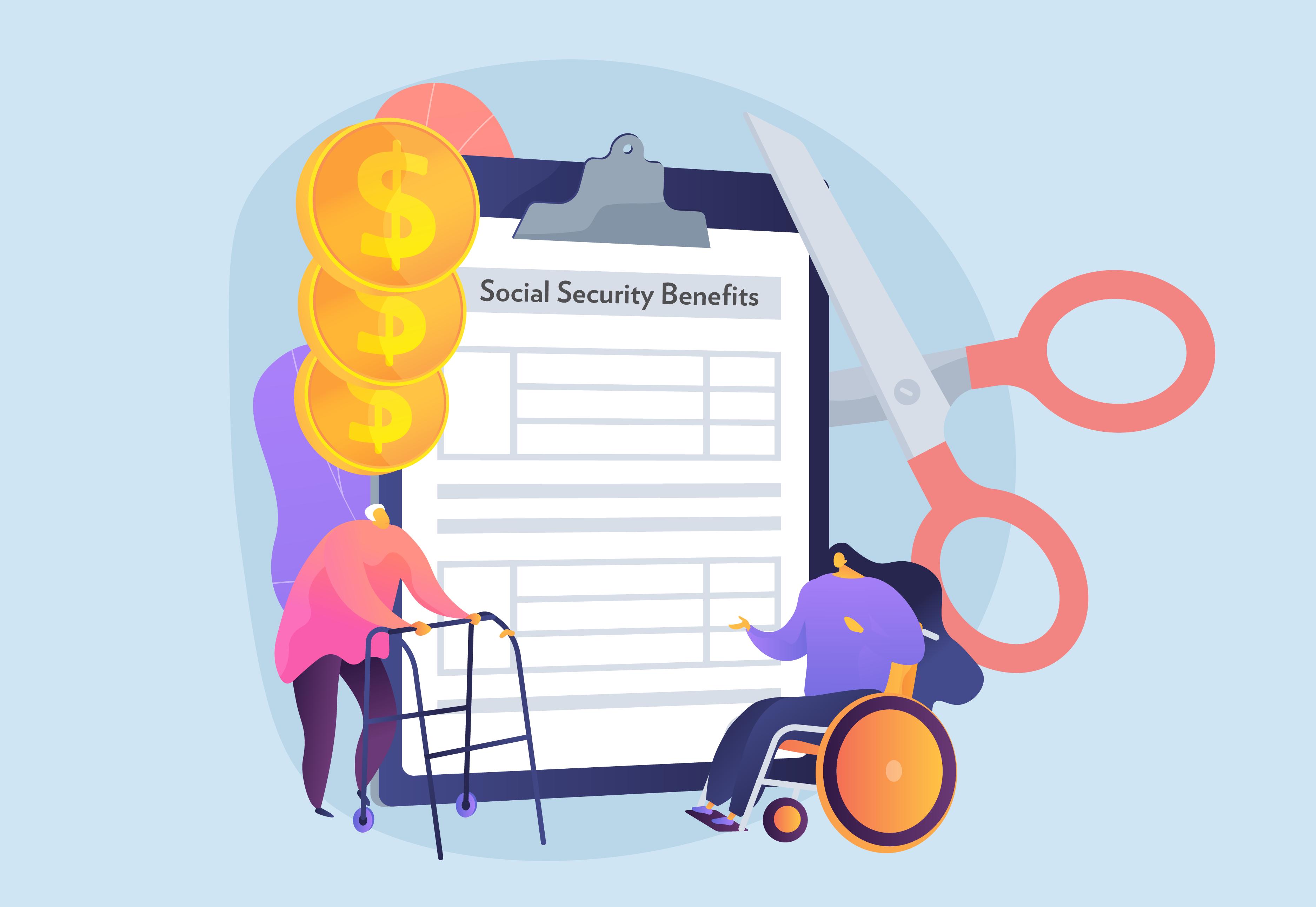 A collage illustration showing a pair of scissors cutting social security.