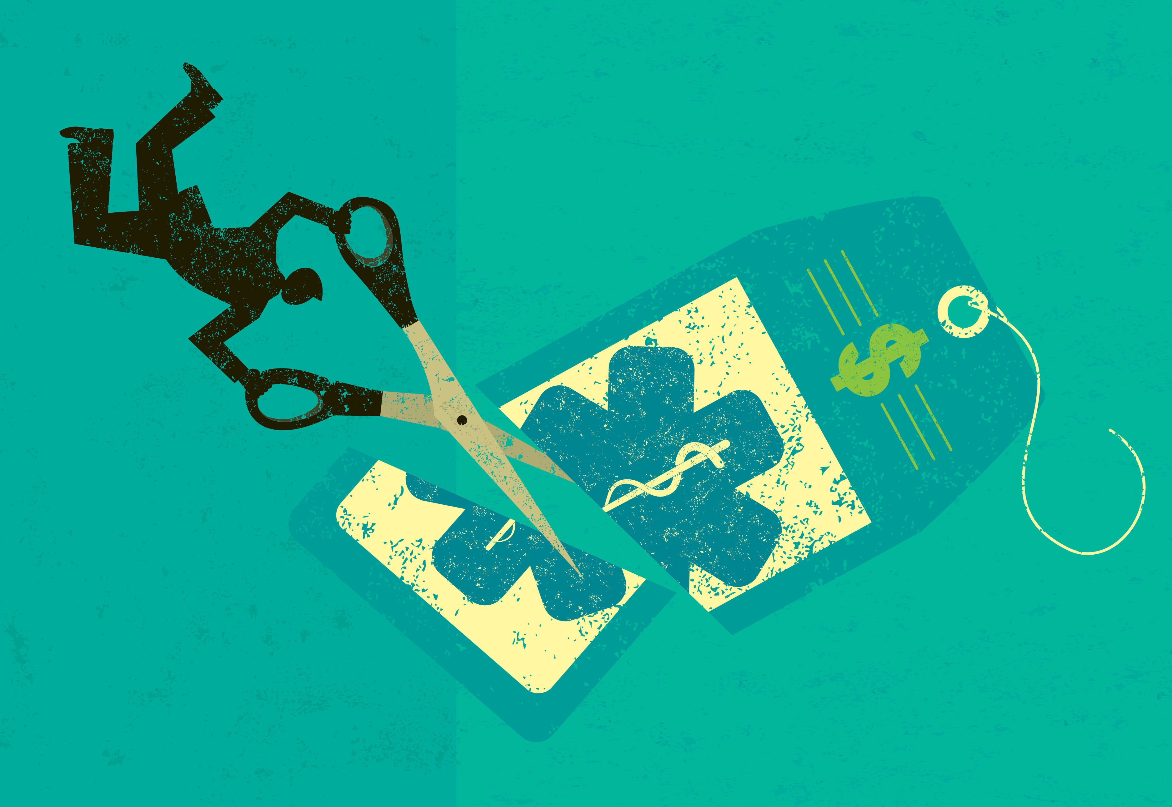 An illustration showing someone cutting through a medical price tag, representing the cutting of healthcare insurance and benefits.