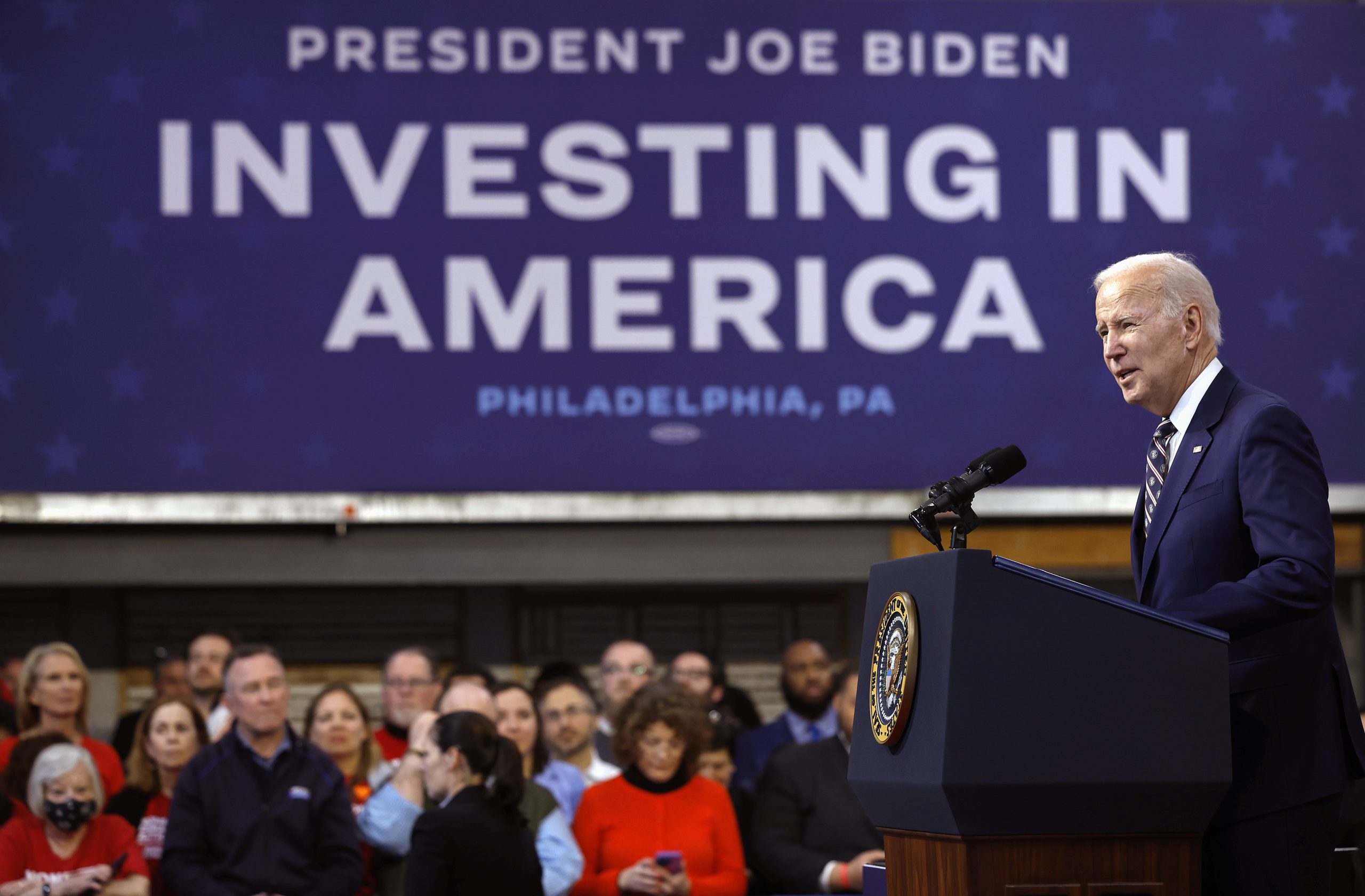 PHILADELPHIA, PENNSYLVANIA - MARCH 09: U.S. President Joe Biden talks about his proposed FY2024 federal budget during an event at the Finishing Trades Institute on March 09, 2023 in Philadelphia, Pennsylvania. Seen as a preview to his re-election platform, Biden's proposed budget is projected to cut the deficit by $3 trillion over the next 10 years. (Photo by Chip Somodevilla/Getty Images)