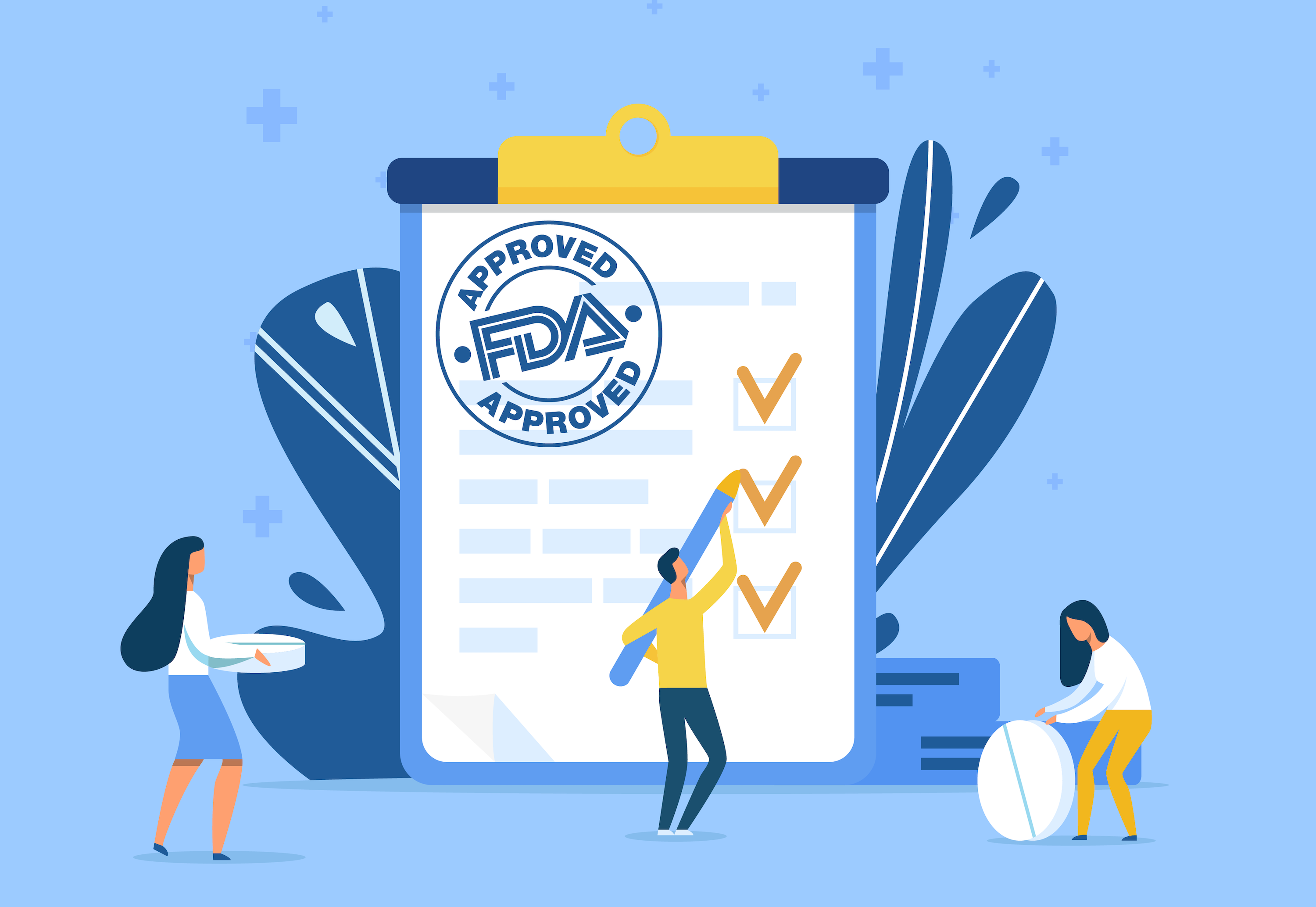 A vector illustration showing an FDA approval stamp on an evaluation sheet and two people holding pills.