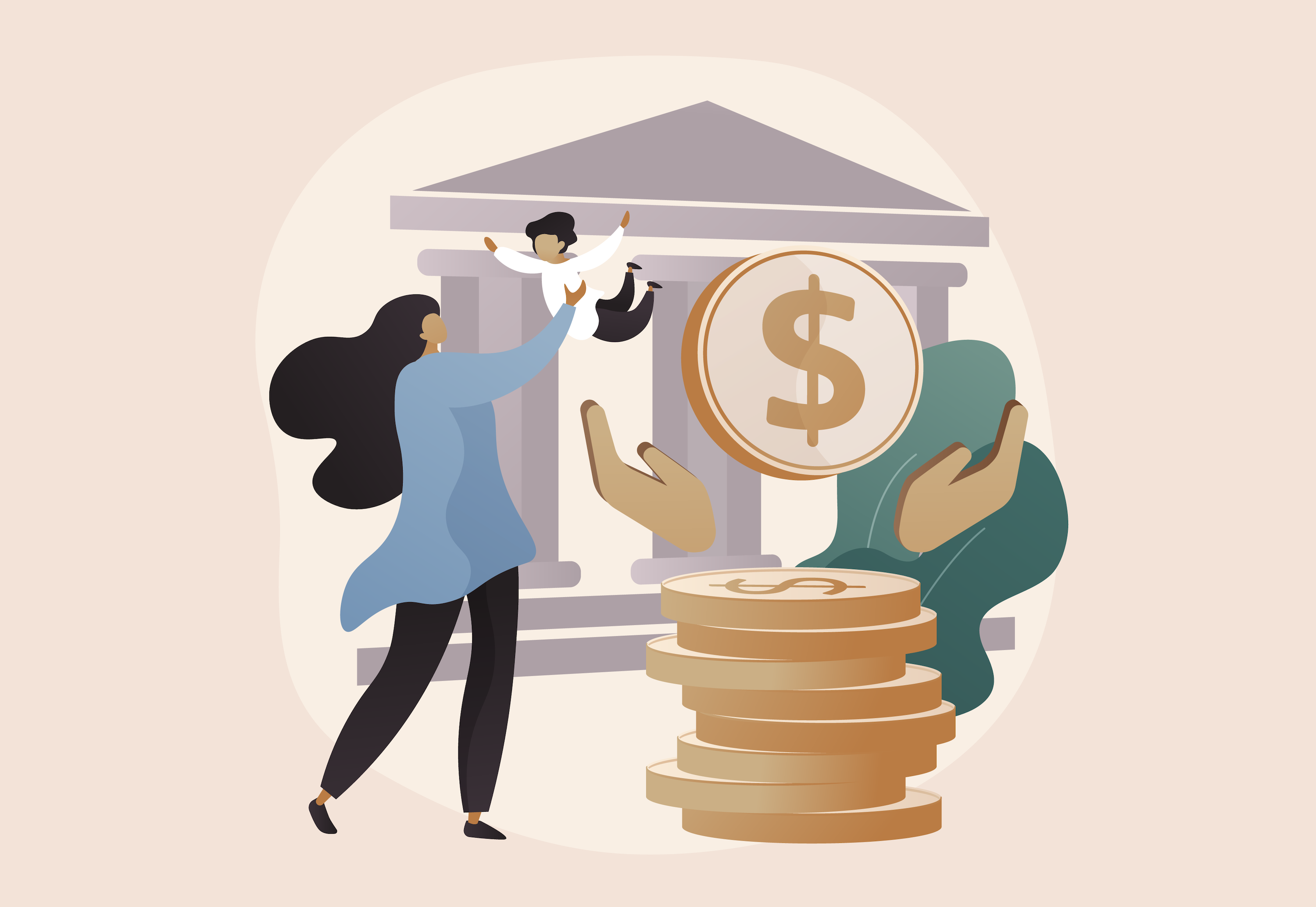A vector illustration of a person holding a baby in the air with symbols of money next to them.