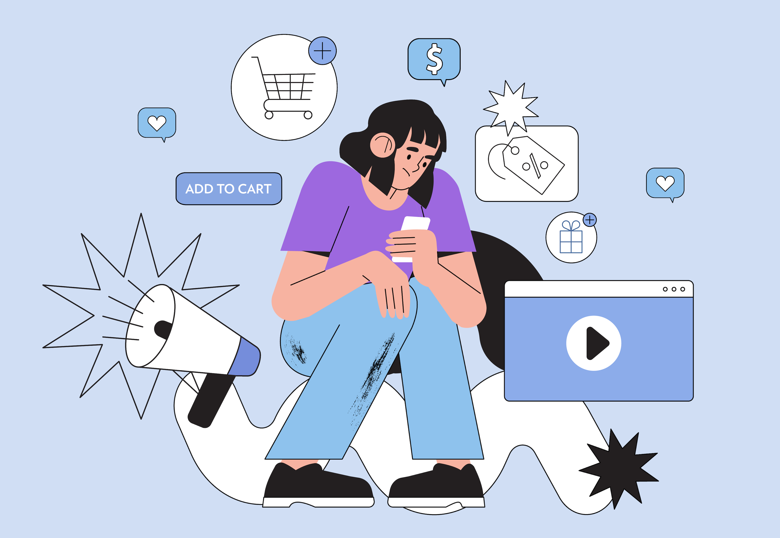 A person is looking at their phone and feeling anxious from various marketing attempts trying to get them to spend more money.