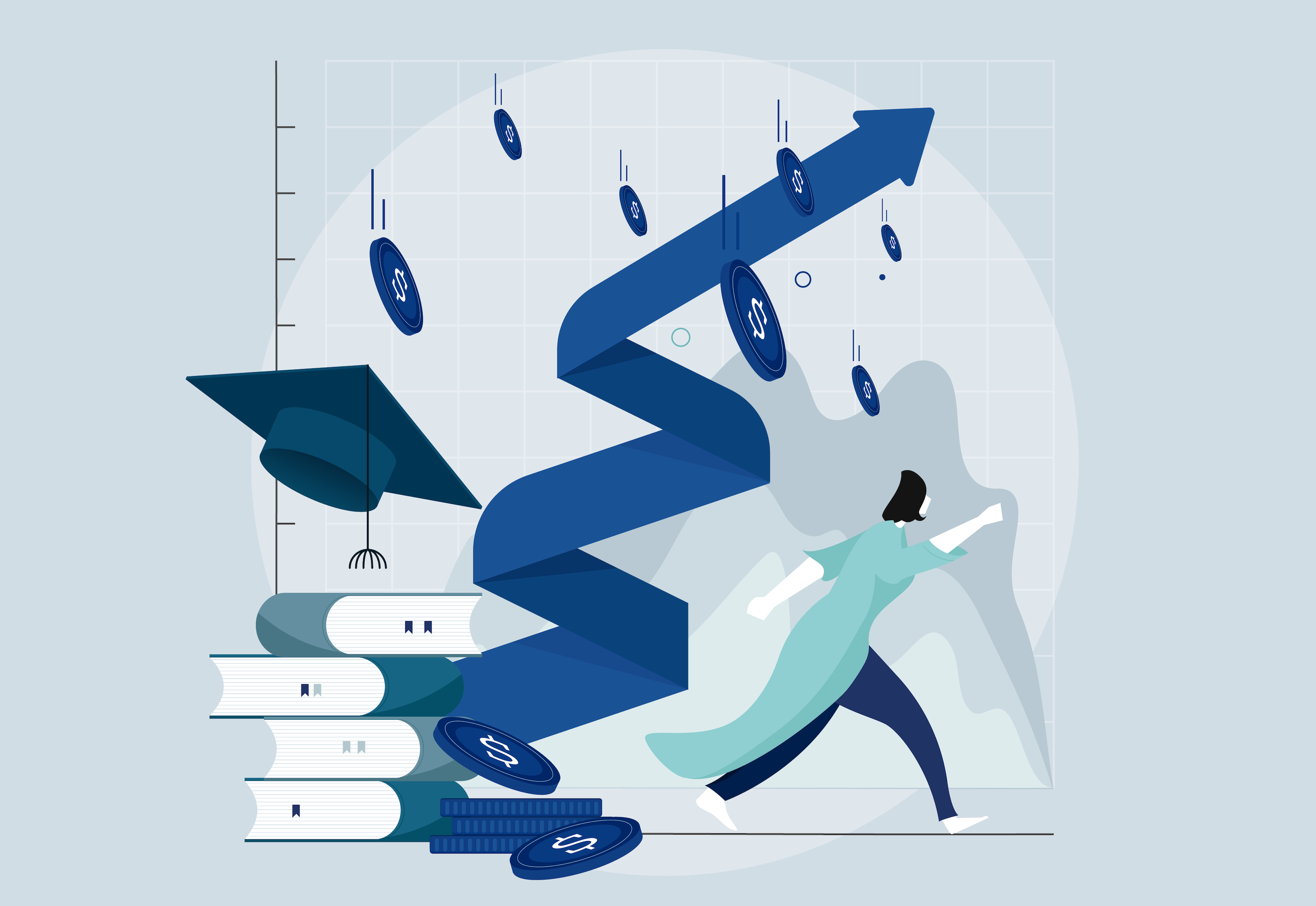 A compilation graphic showing a graduation cap and an upward facing arrow, representing the rising costs of tuition.