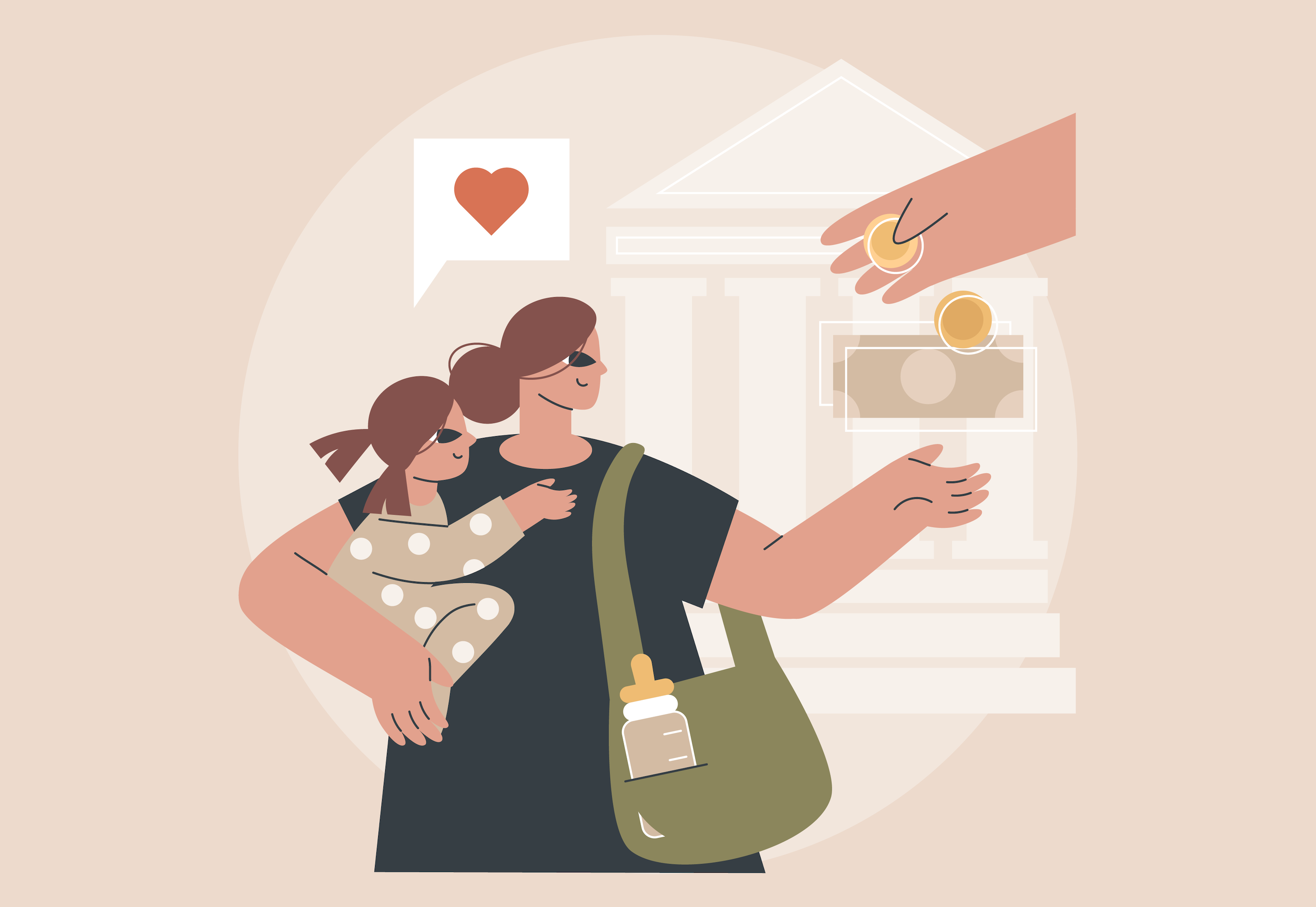 A vector graphic showing a mother receiving money.