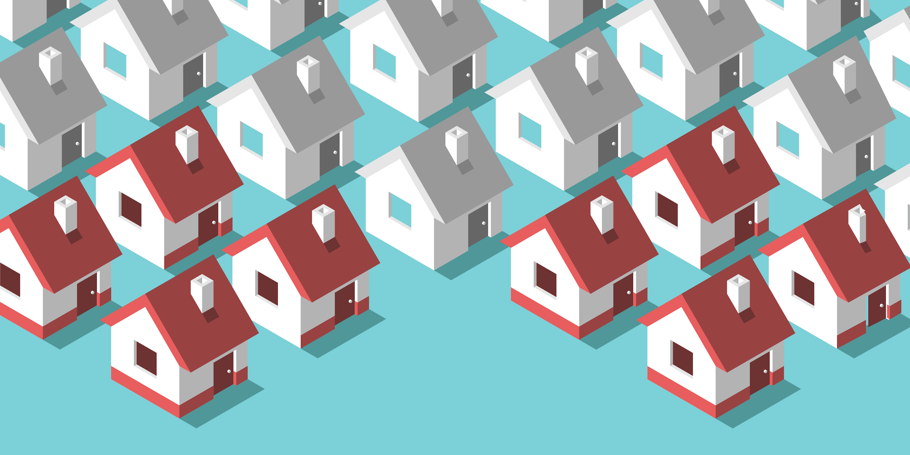 A series of greyed out homes and two clusters of homes shaded in red.