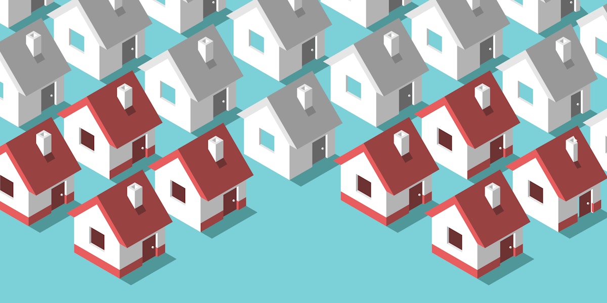 A series of greyed out homes and two clusters of homes shaded in red.