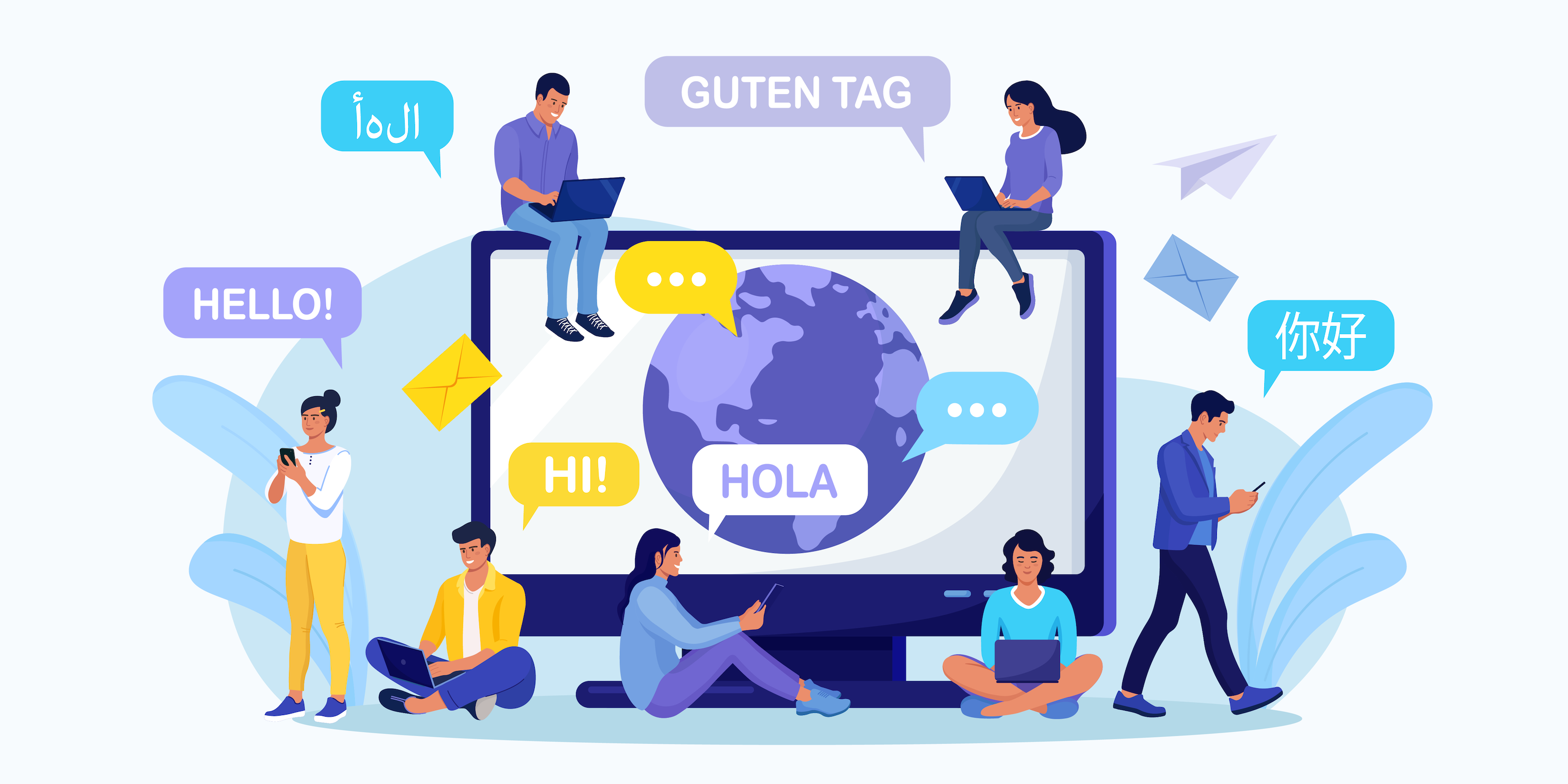 An illustration of people using technology to communicate in various languages.