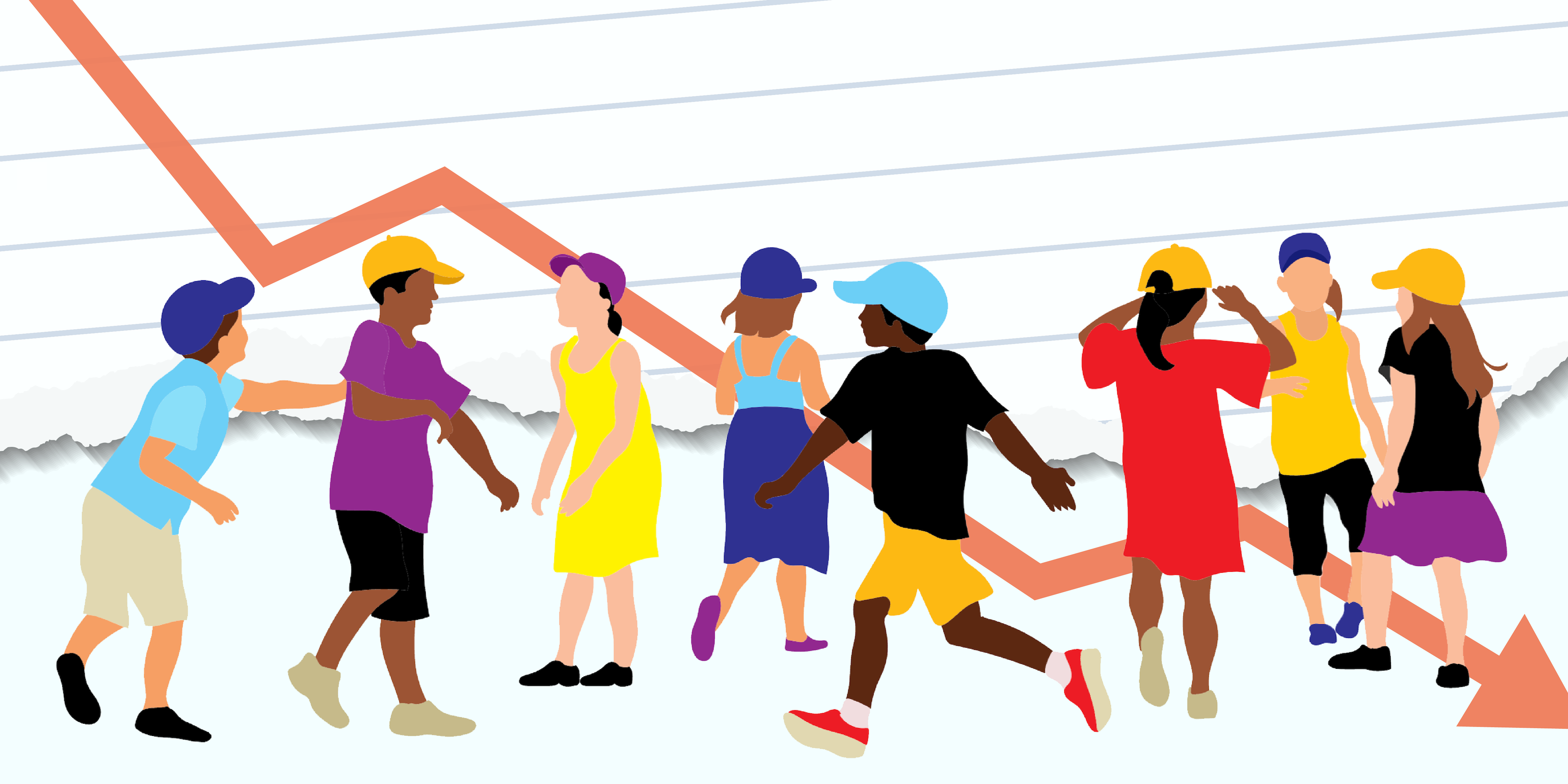 A line of children against a backdrop of ripped paper and a red declining graph line.