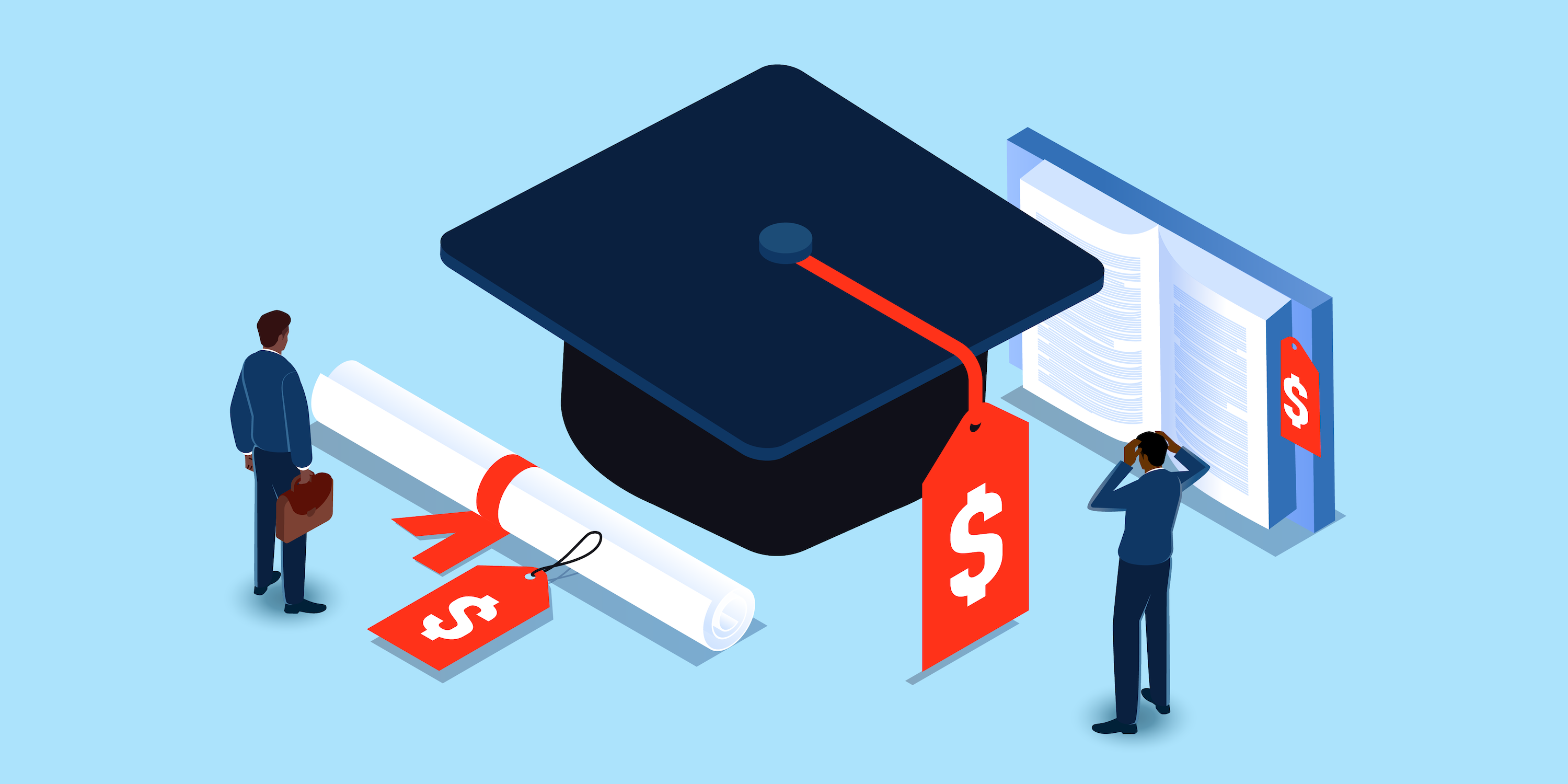A vector graphic showing various educational icons–including a graduation cap and books–with red price tags on them.