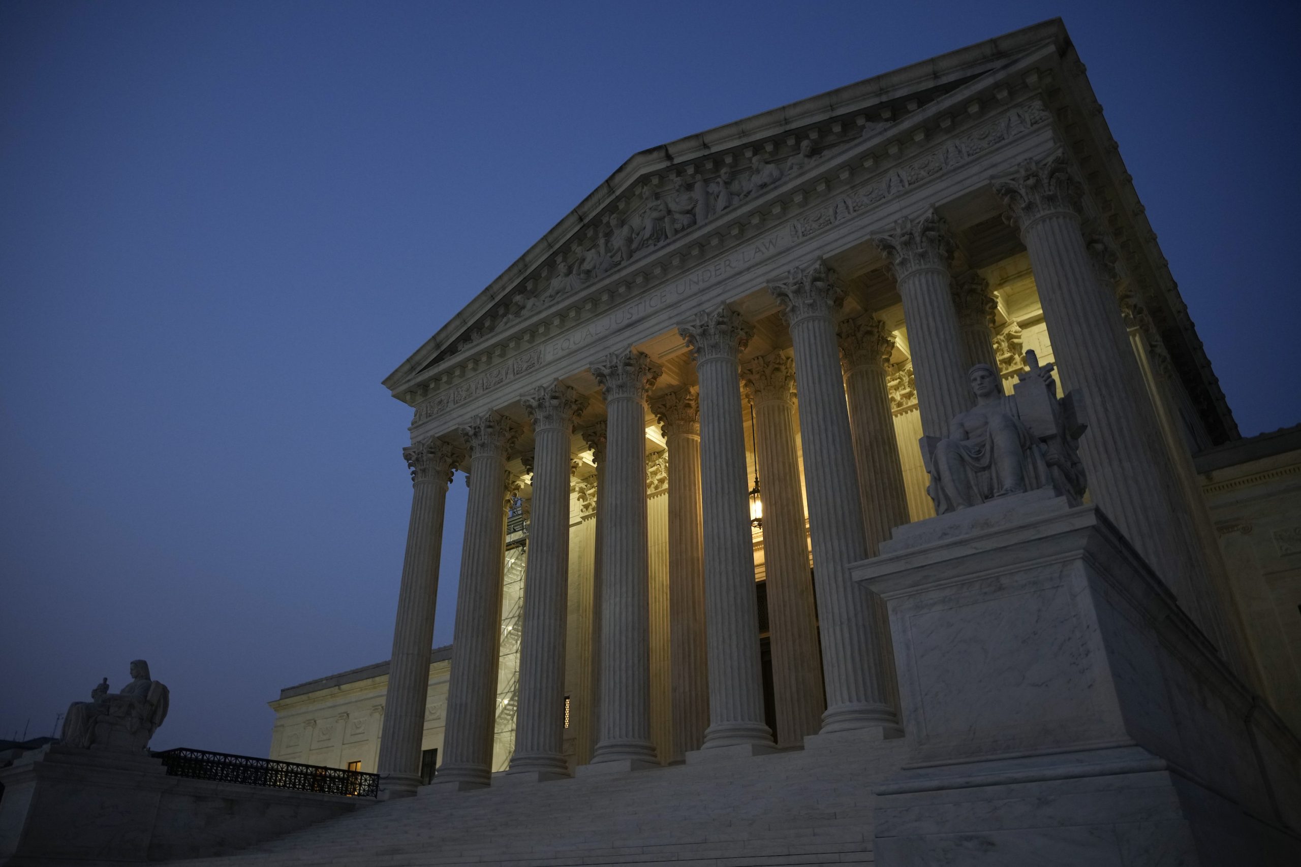 WASHINGTON, DC - JUNE 28: The U.S. Supreme Court is shown at dusk on June 28, 2023 in Washington, DC. The high court is expected to release more opinions tomorrow ahead of its summer recess, with cases involving affirmative action and student loan debt relief still to be decided.  (Photo by Drew Angerer/Getty Images)