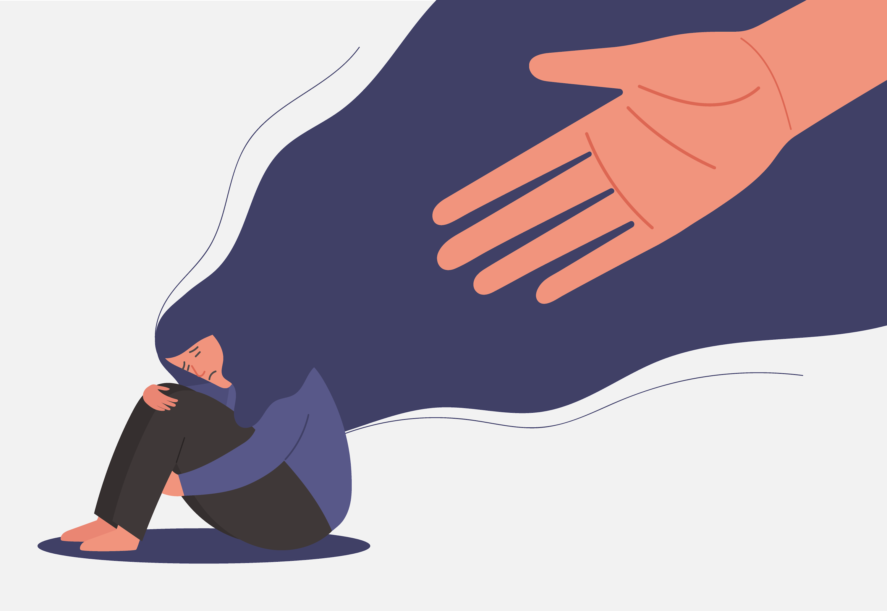 A vector illustration of a large hand reaching to a sad young woman sitting on the ground.