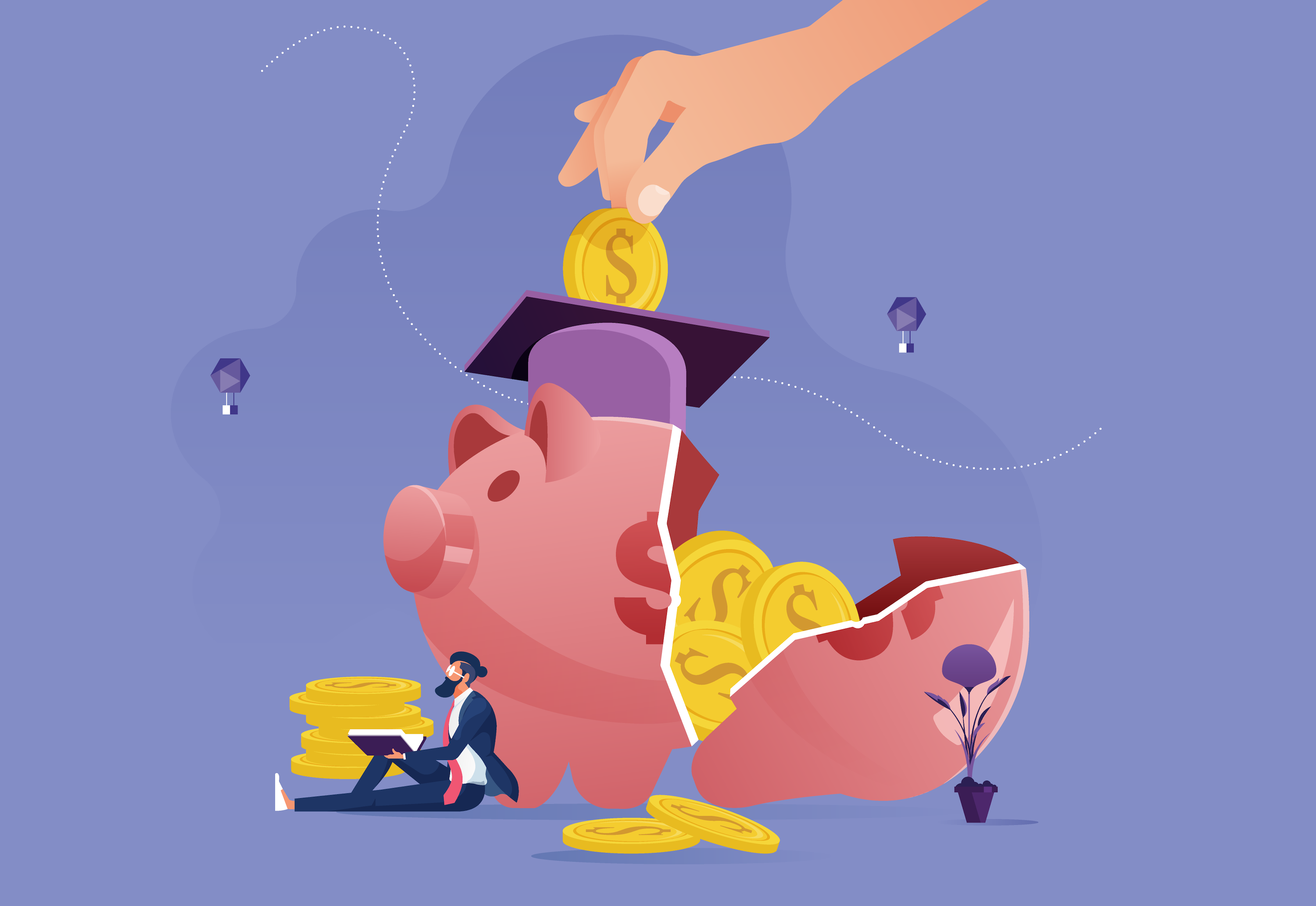 A college graduate leaning against a cracked, broken piggy bank.