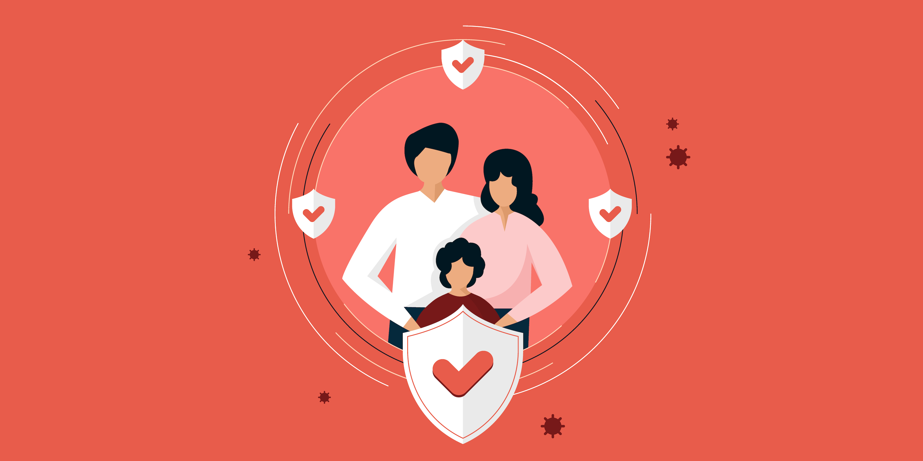 A vector image of two parents and a child behind shield symbols, representing medical insurance.