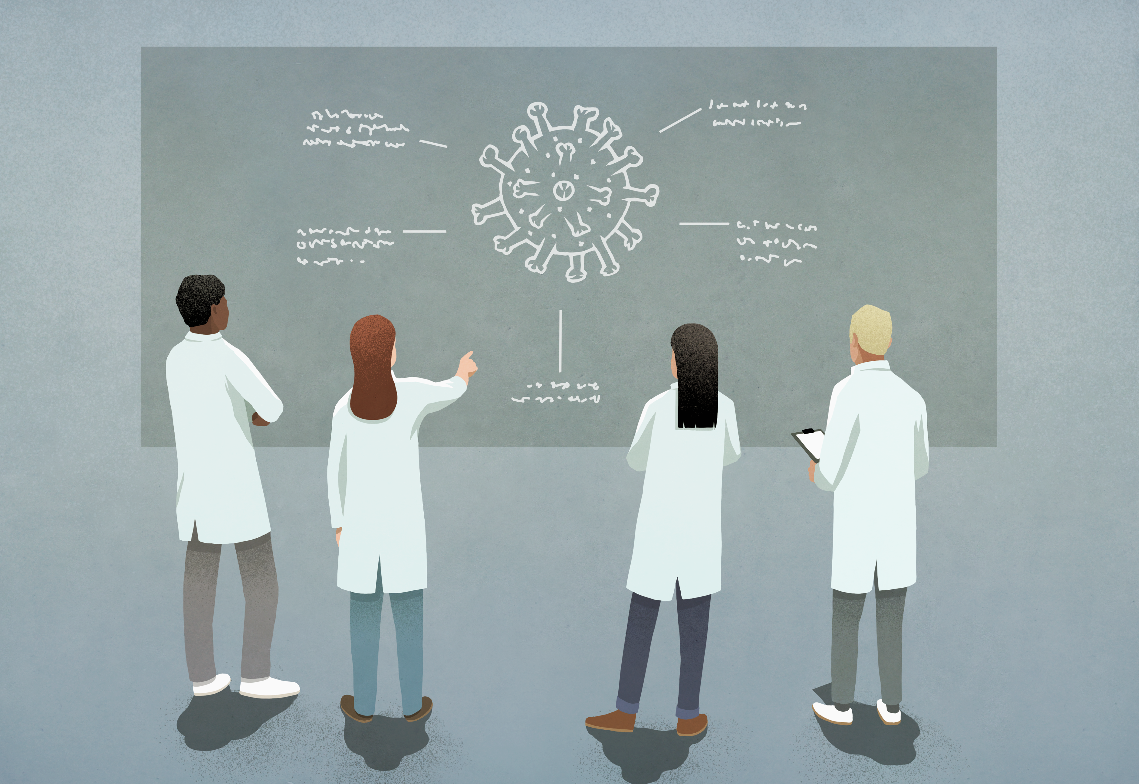 Four scientists discussing COVID-19 in front of a coronavirus diagram.