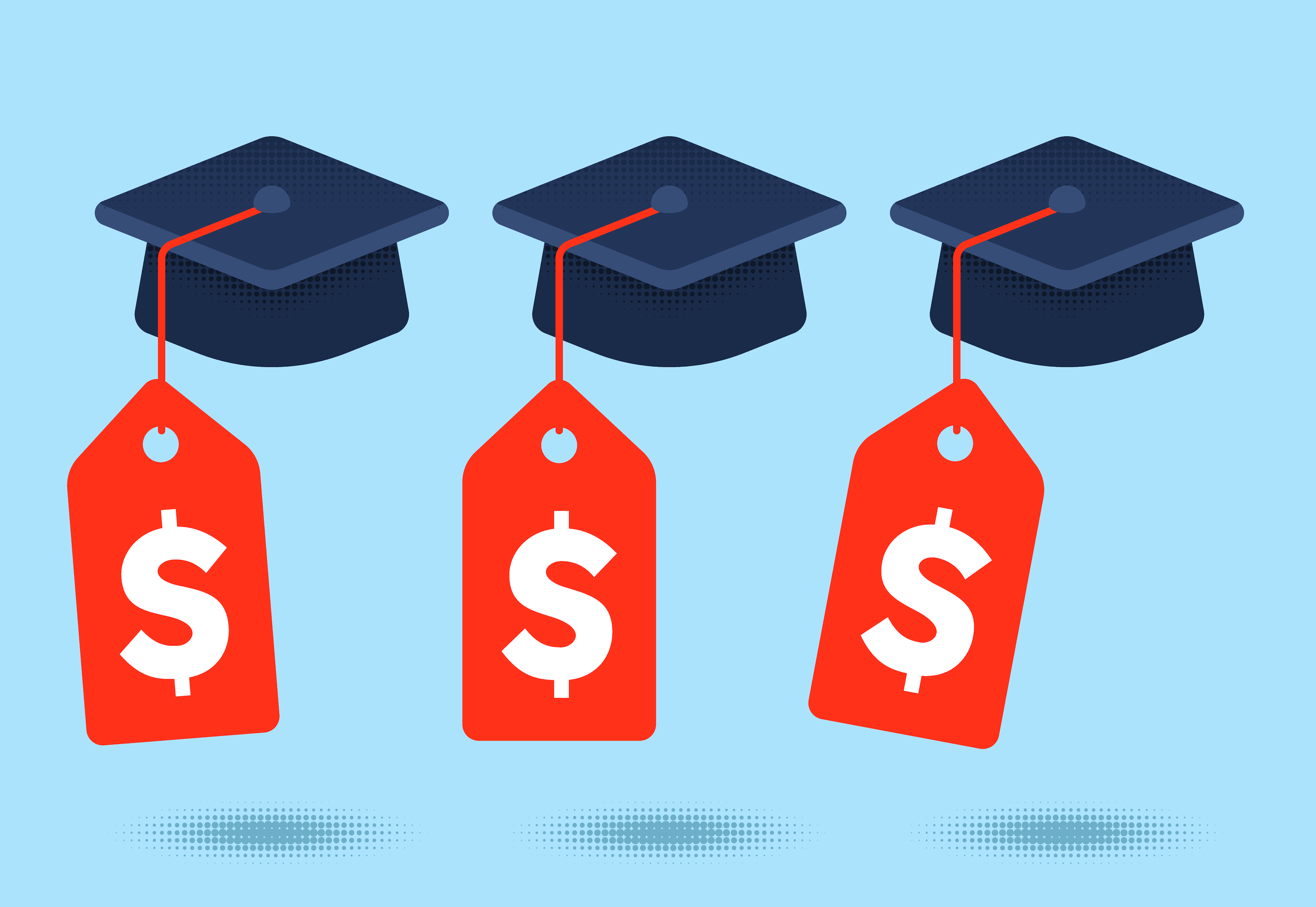 Three graduation caps, each attached to a red price tag, float against a blue background.