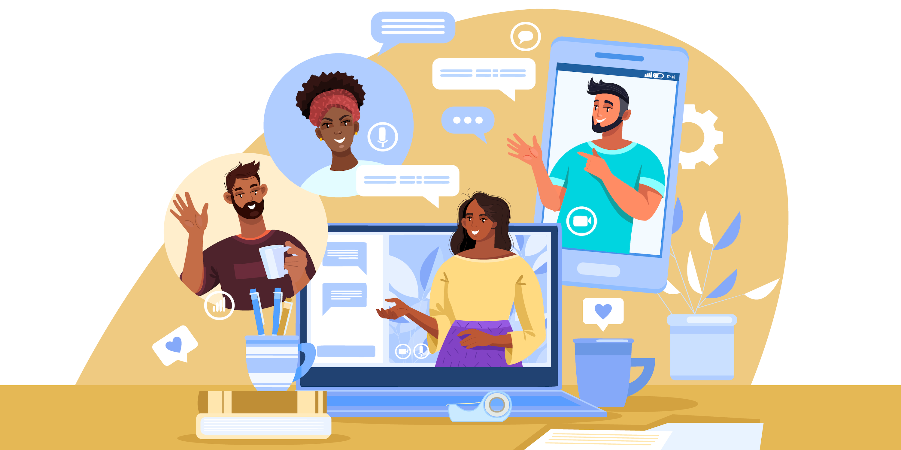 An illustration showing a group of teachers meeting and chatting virtually.