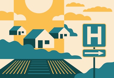 A vector illustration of a hospital sign next to a rural community.
