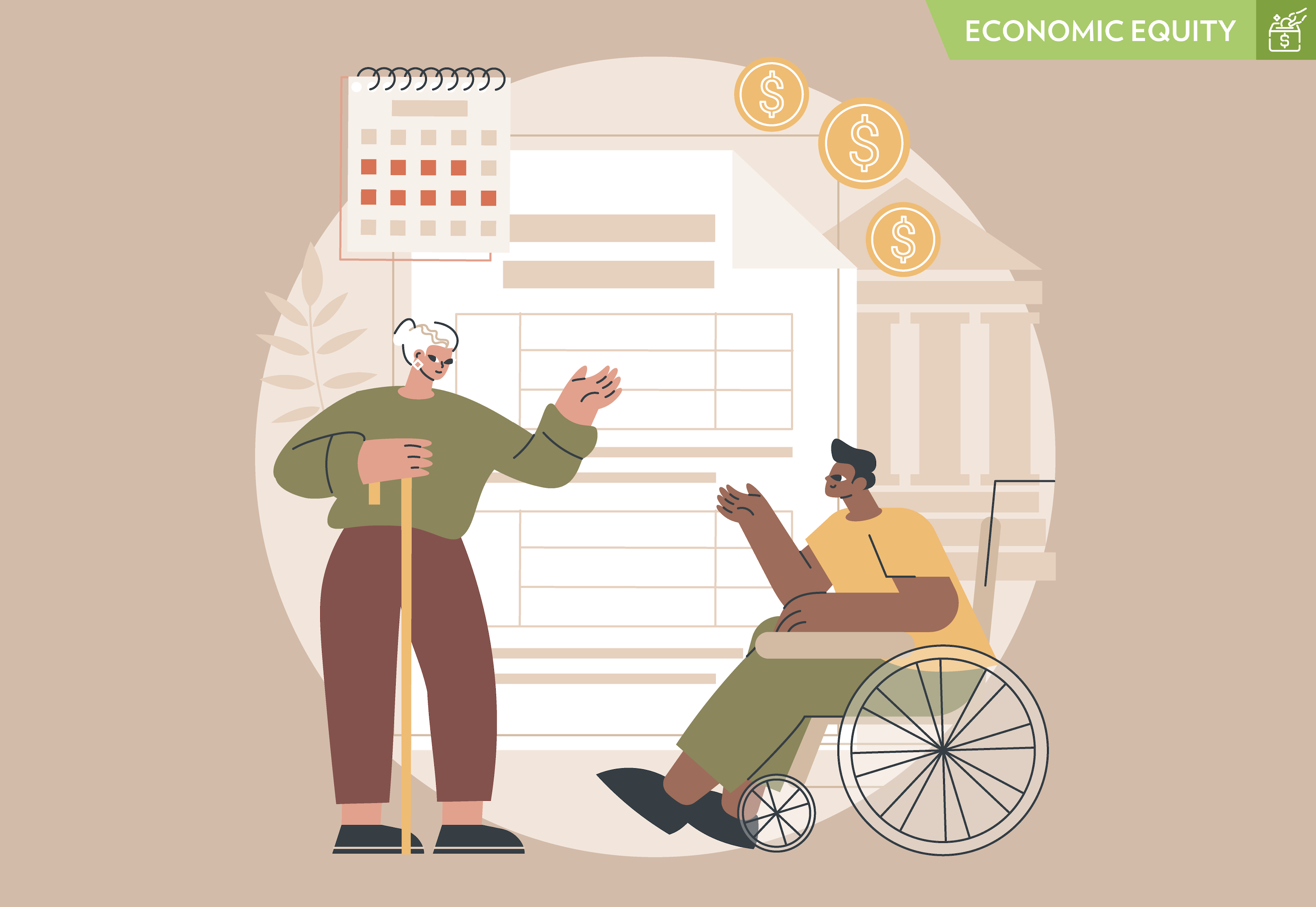 A vector graphic showing financial icons behind an older woman with a cane and a person in a wheelchair.