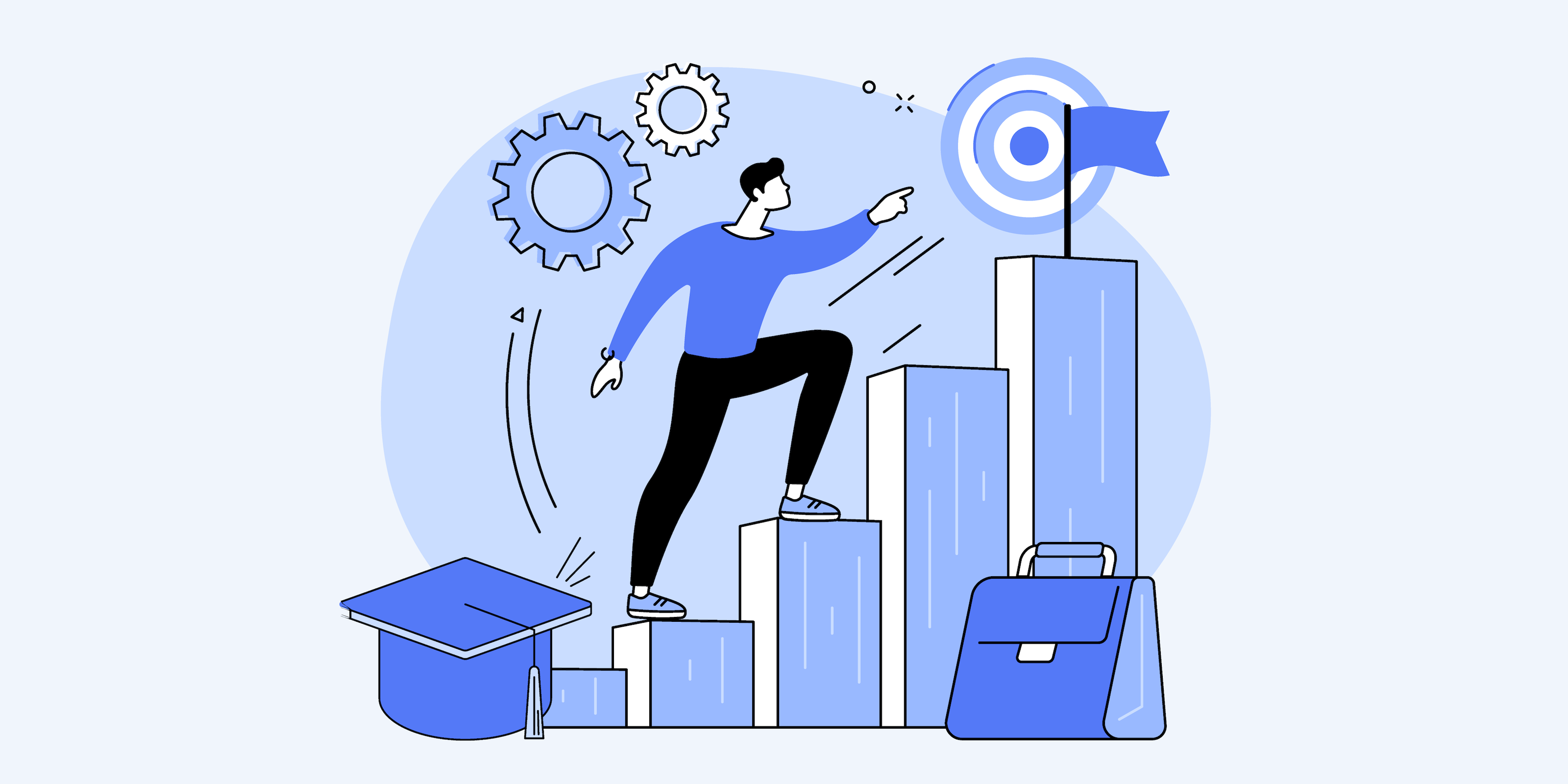 A person stepping on an ascending set of bars, showing the trajectory from school to employment.