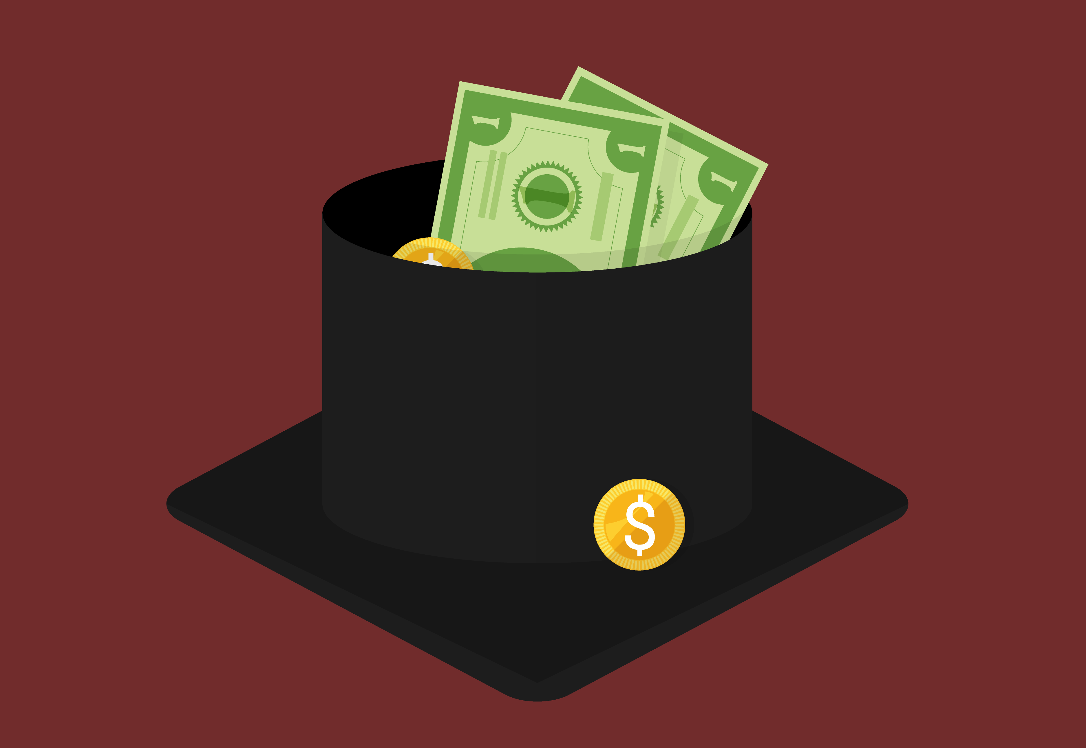 A graduation cap filled with dollar bills against a maroon background.