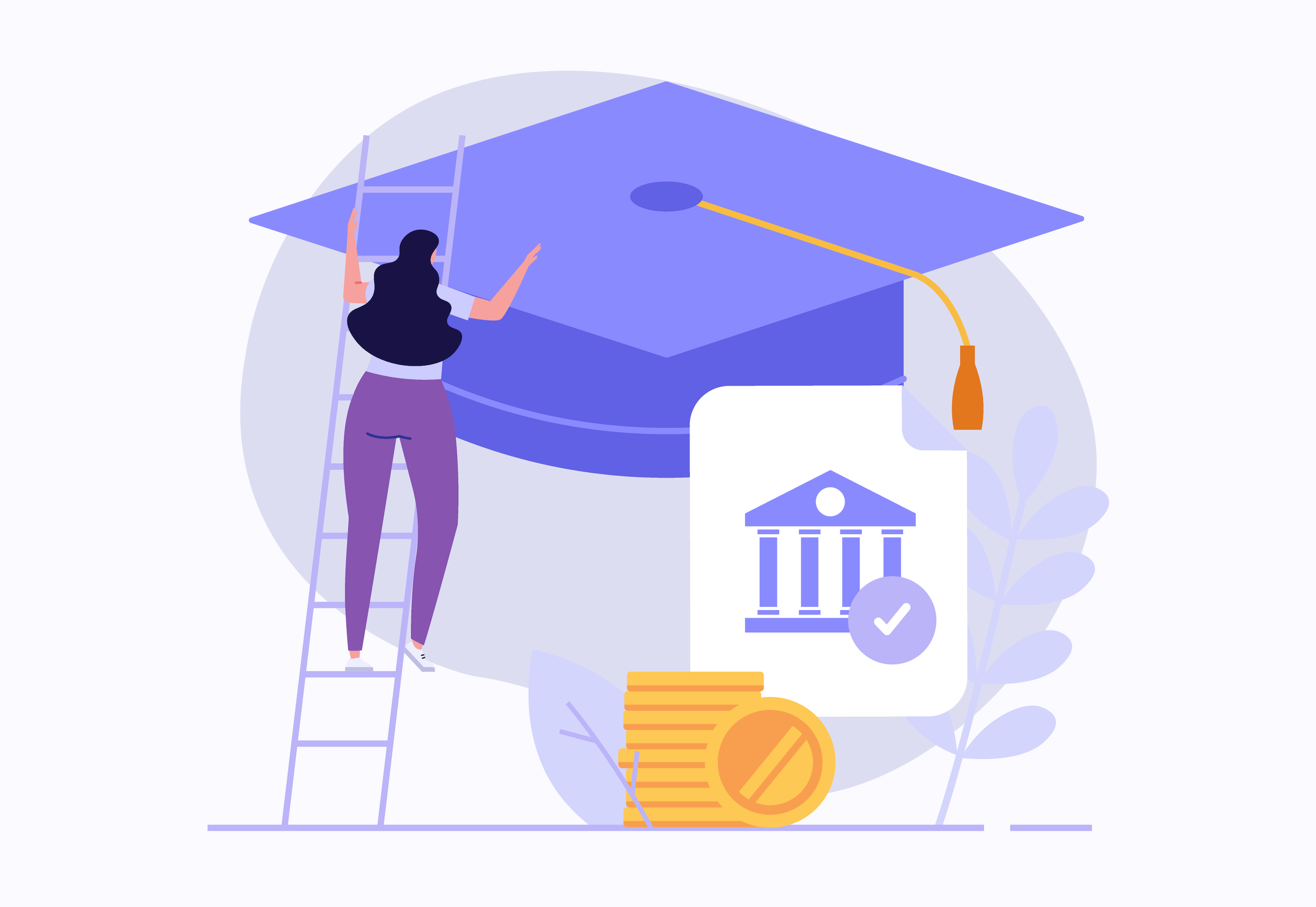 A vector illustration showing a giant graduation cap with a ladder leaning against it and a student climbing up it.
