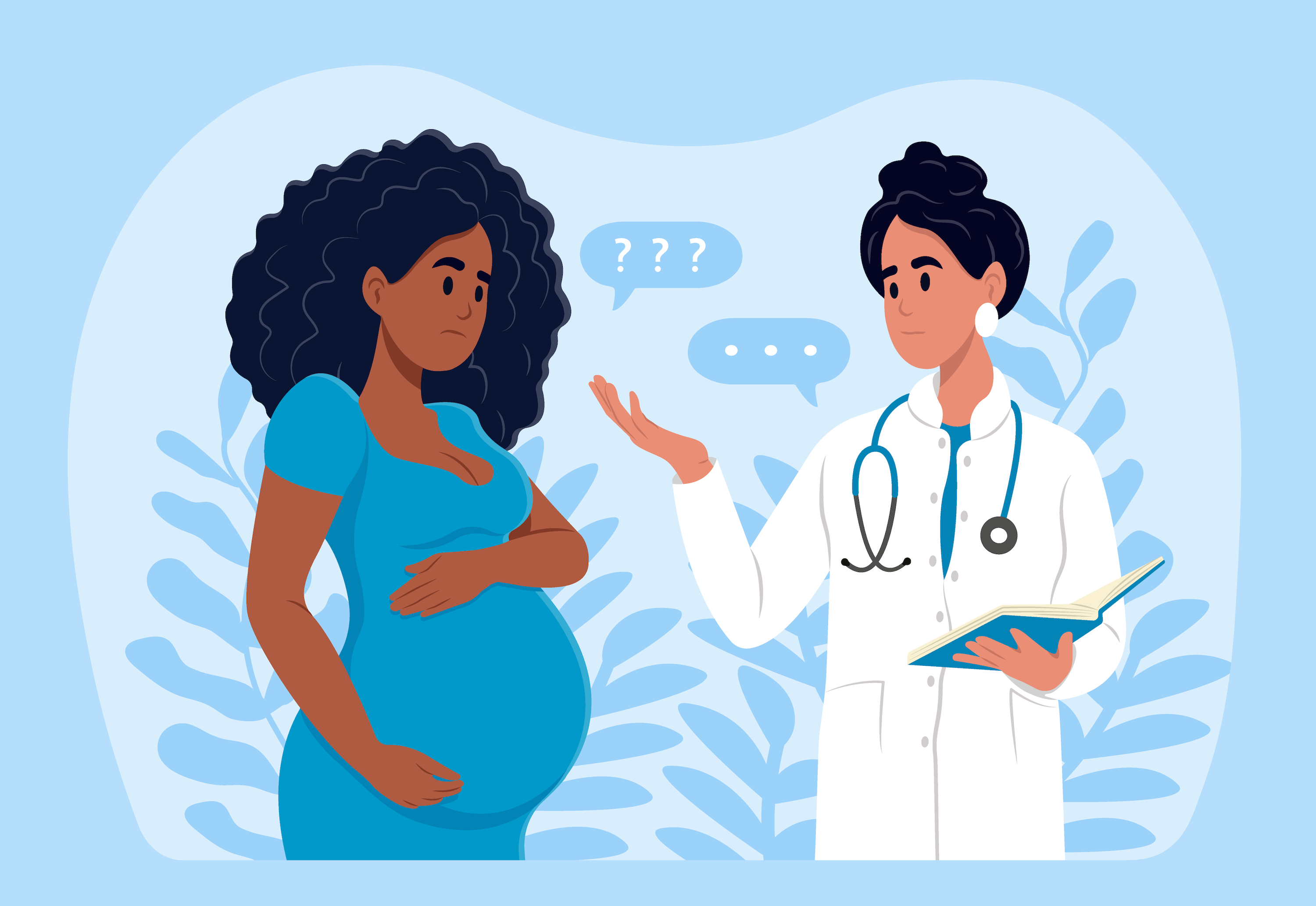 A Black pregnant woman is talking with her health care provider and seems confused.
