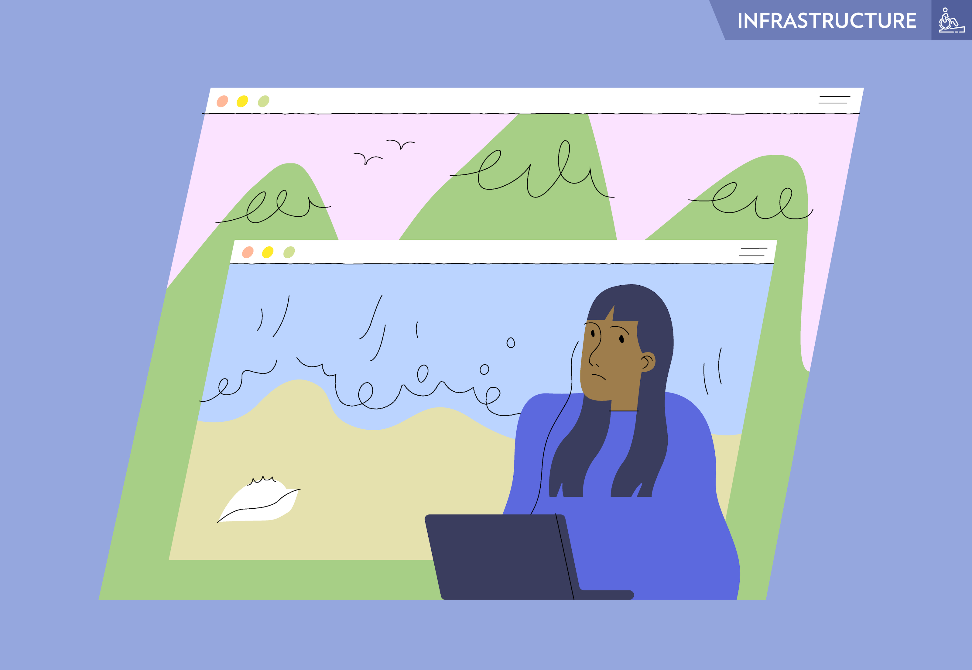 A person looking sad is in front of two computer screens showing different locations.