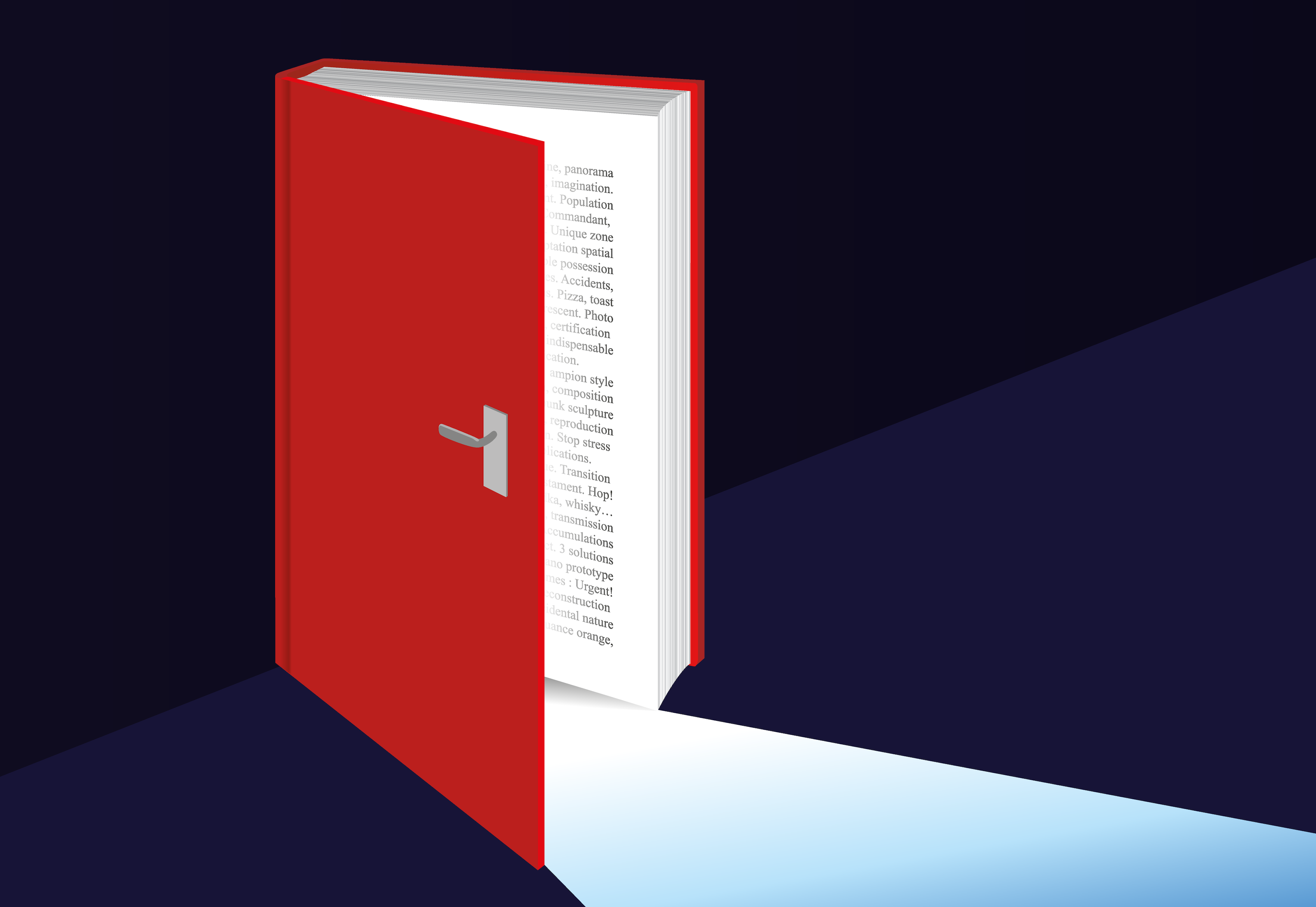 A door that looks like a book is shining light against a dark background.