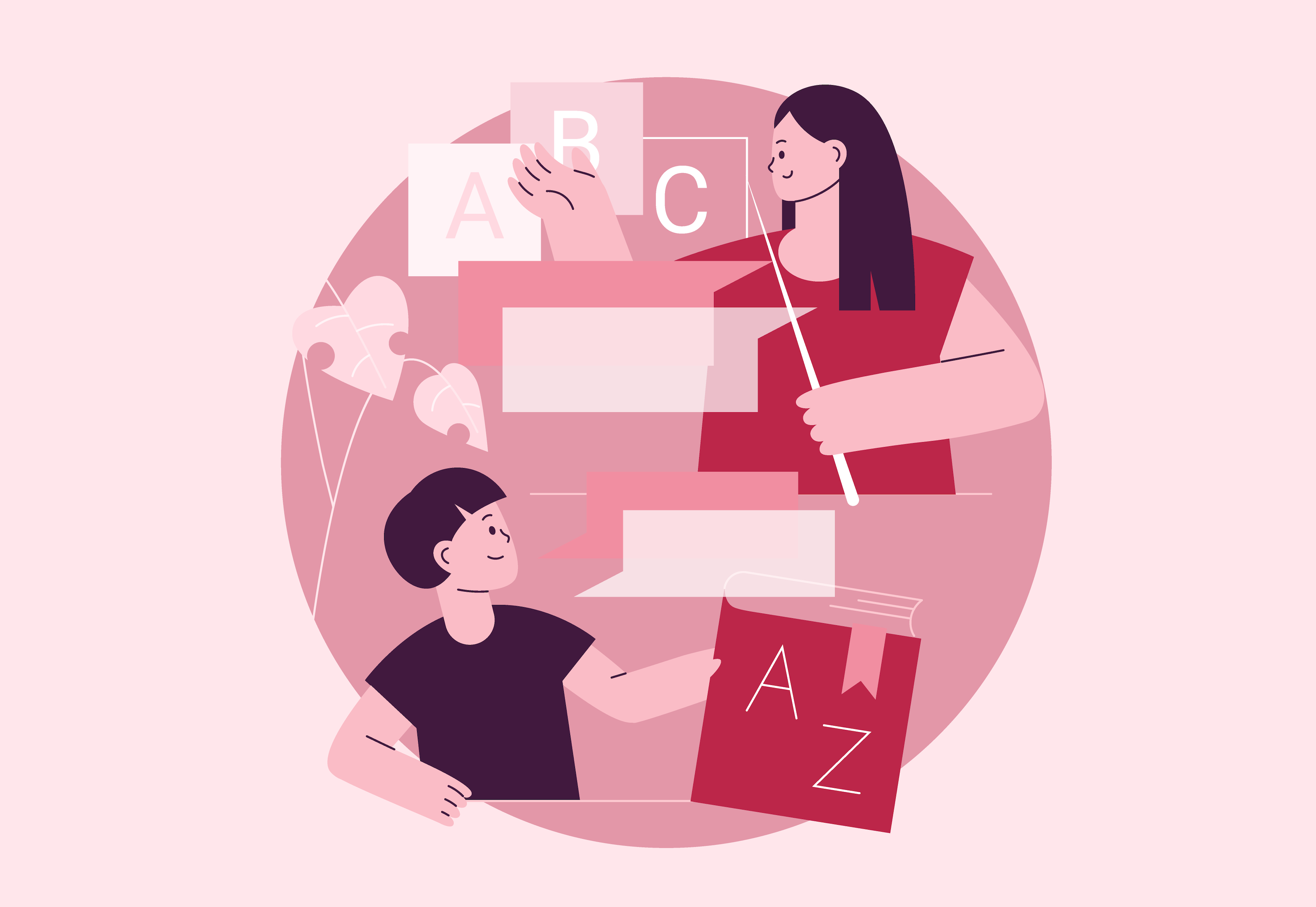 An illustration showing two people in a pink circle surrounded by speech bubbles and alphabet blocks, alluding to language education.