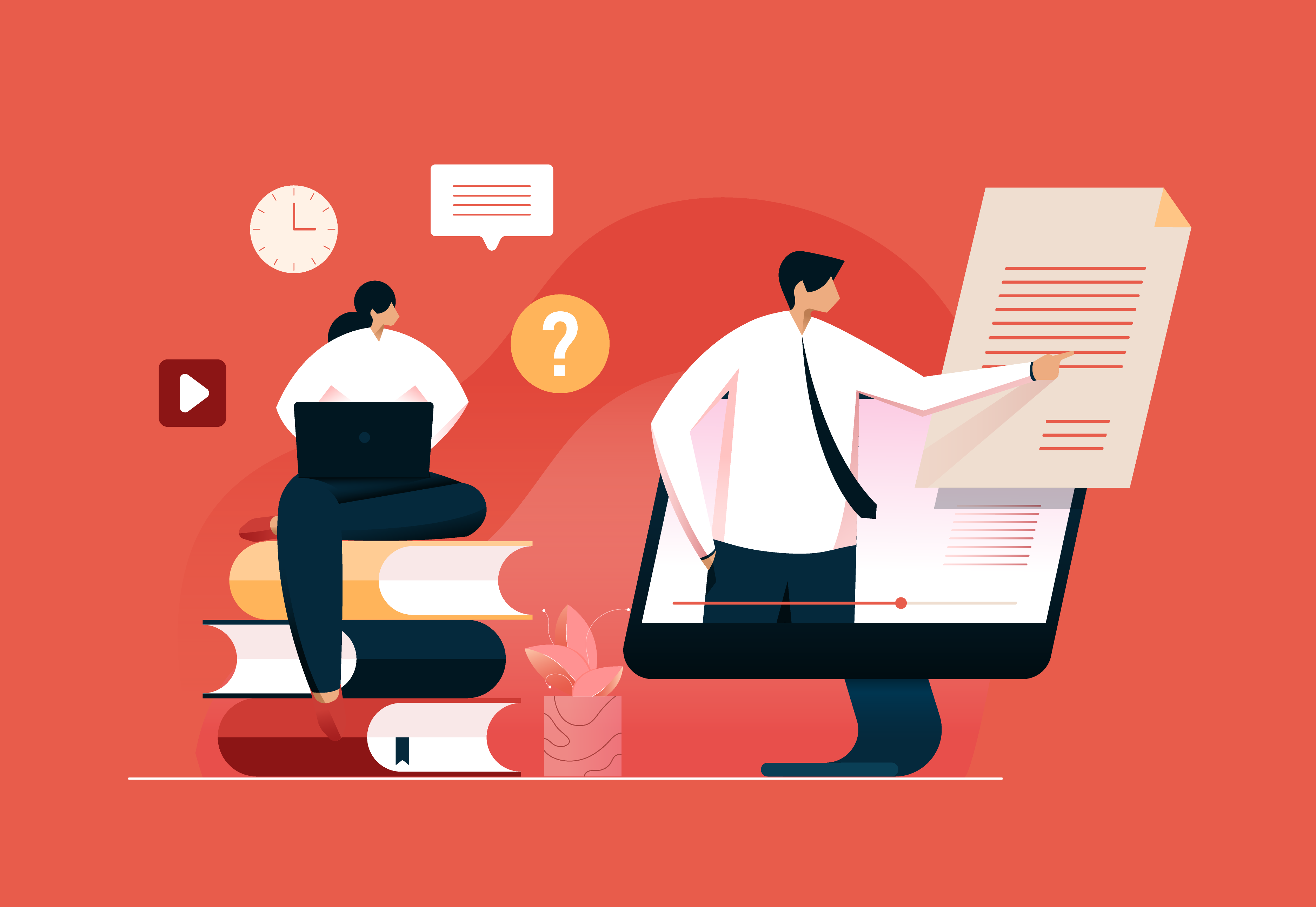 A vector illustration showing a student sitting in front of a computer during a virtual lesson.