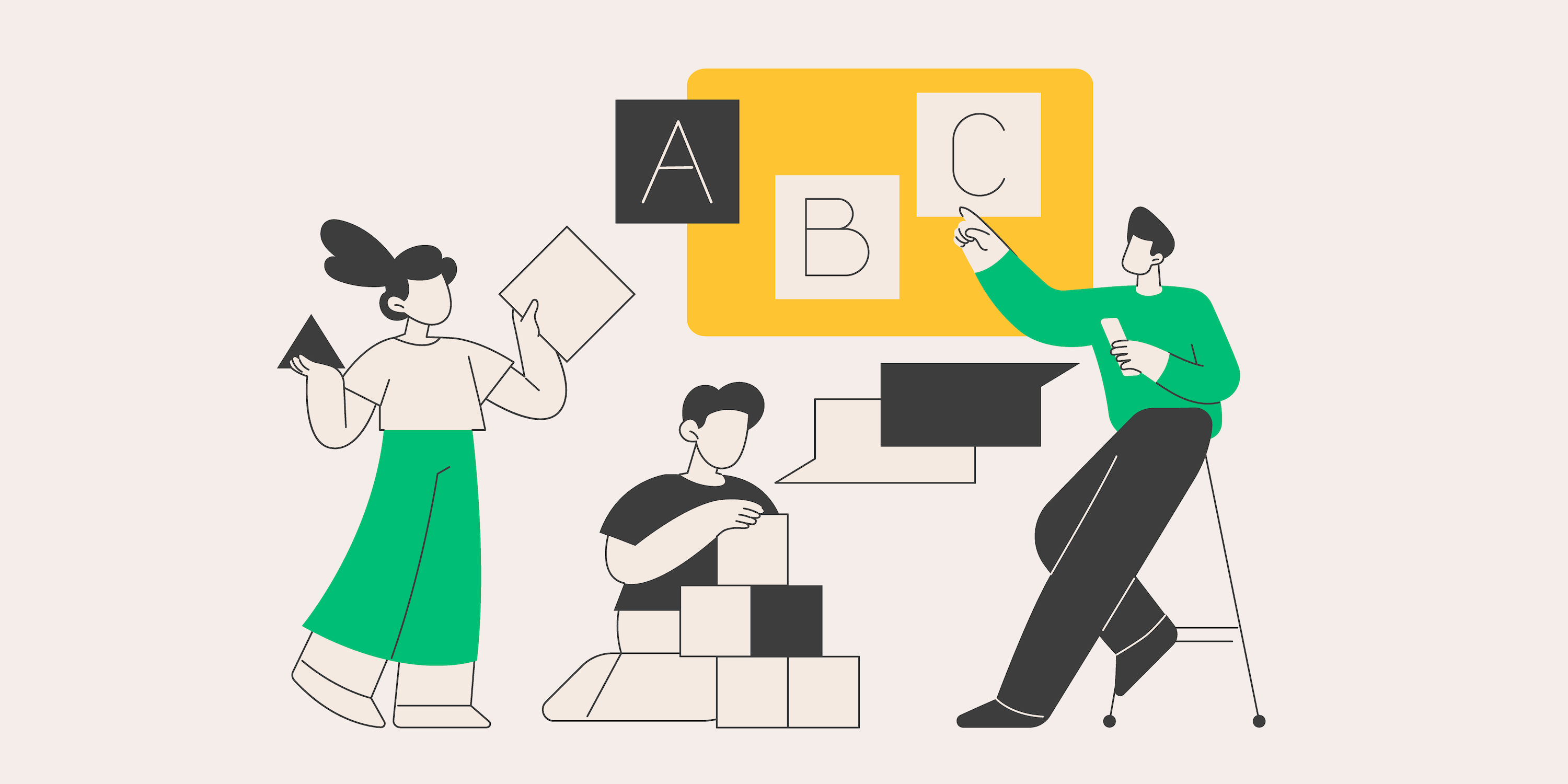 An illustration showing a teacher pointing to a board and instructing two students.