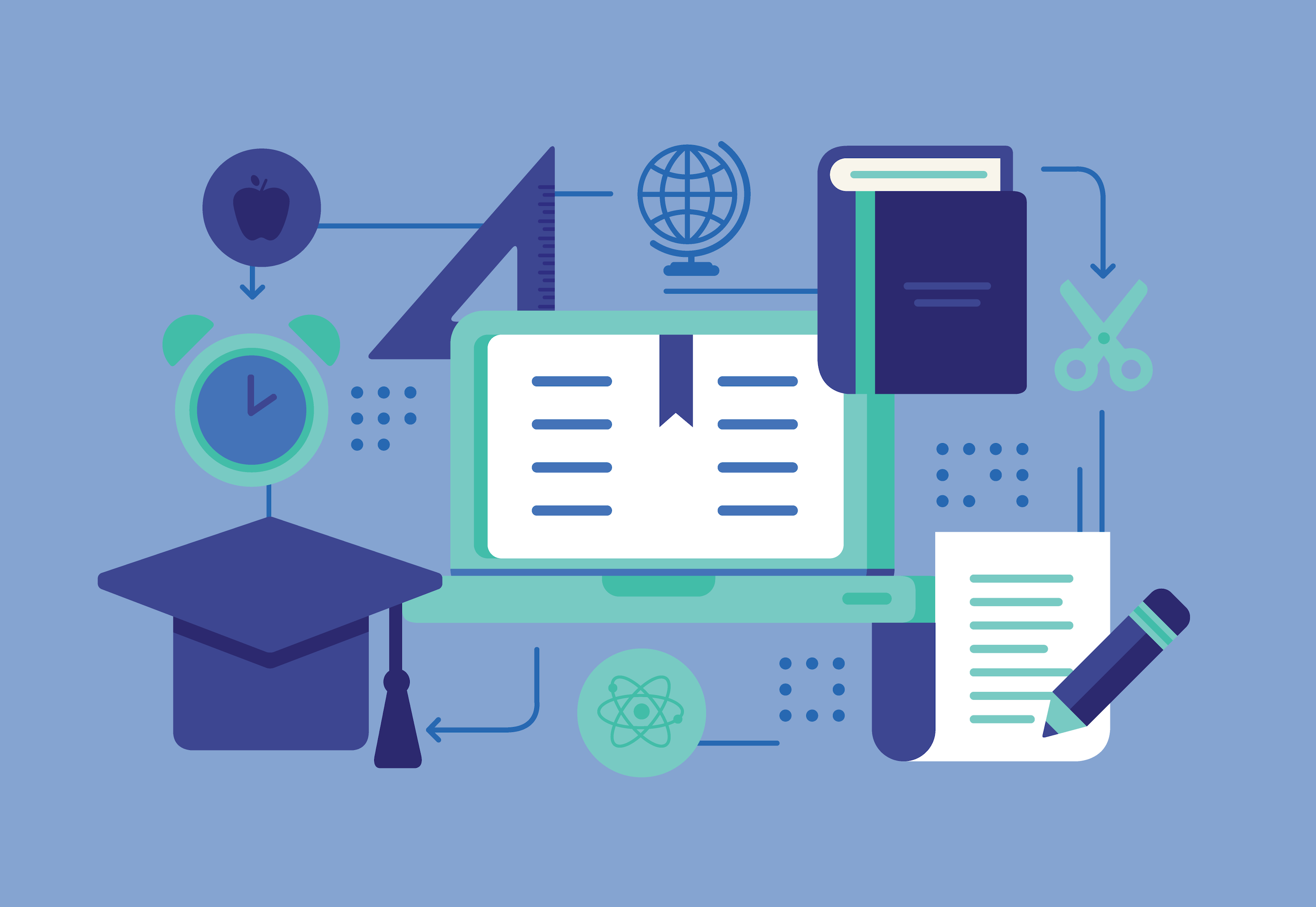 An illustrative collage showing a computer, a graduation cap, a book, and a few other education-related icons.