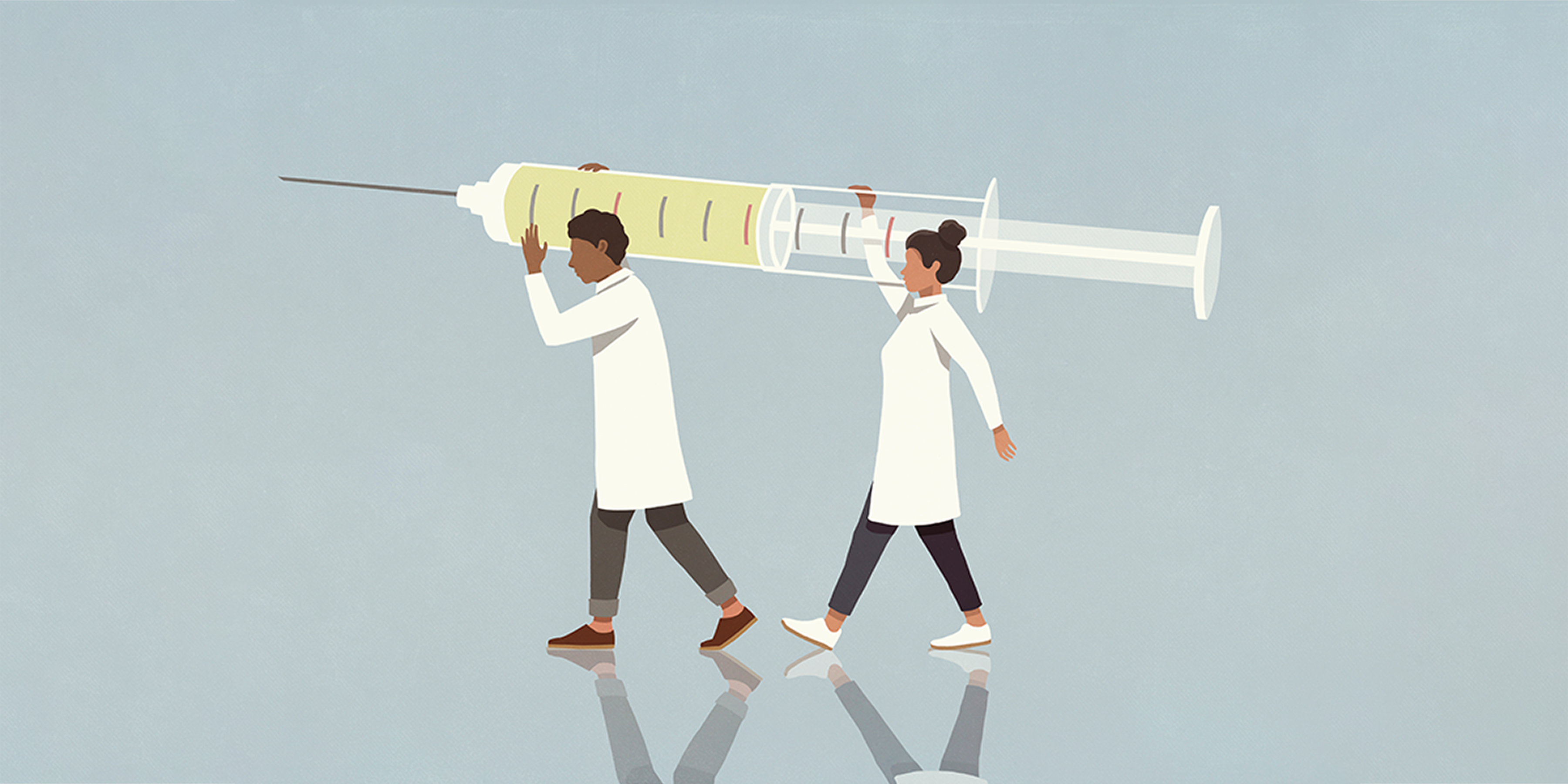 An illustration showing two doctors carrying a large syringe.