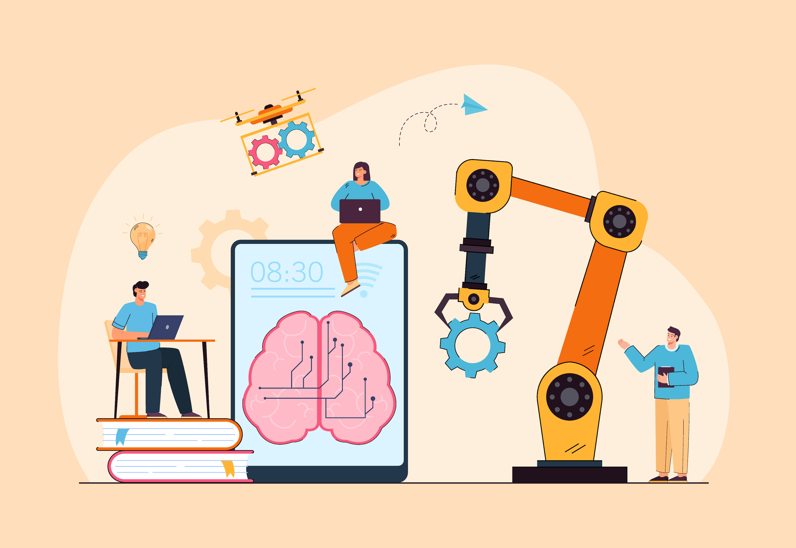 A concept graphic that shows a few students at their computers next to a crane, representing students specializing in innovation and manufacturing.