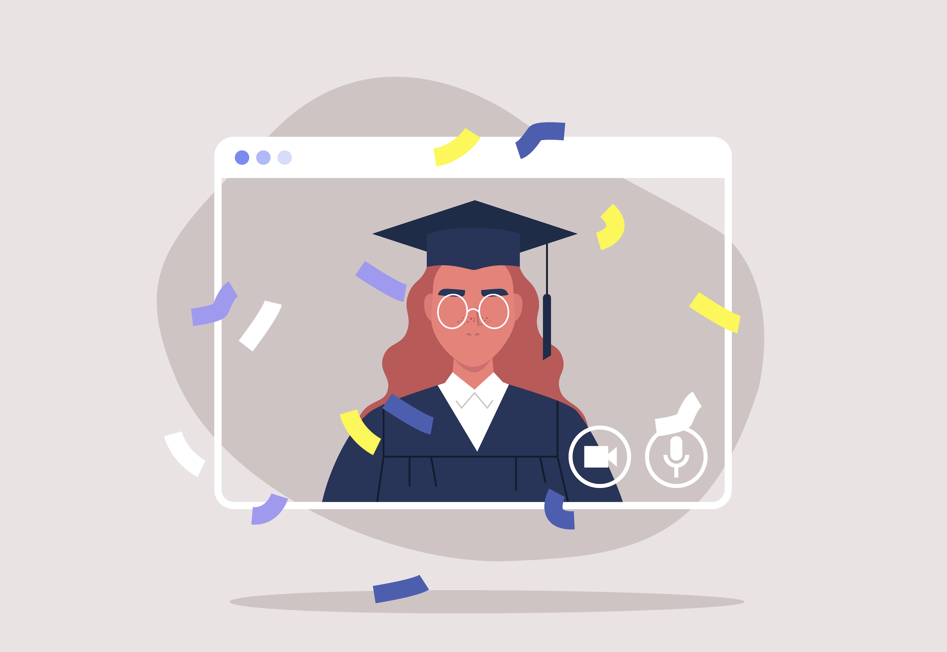 An illustrated graphic showing a student with red hair in a blue cap and gown behind a computer window cut-out, representing graduating students from online programs.