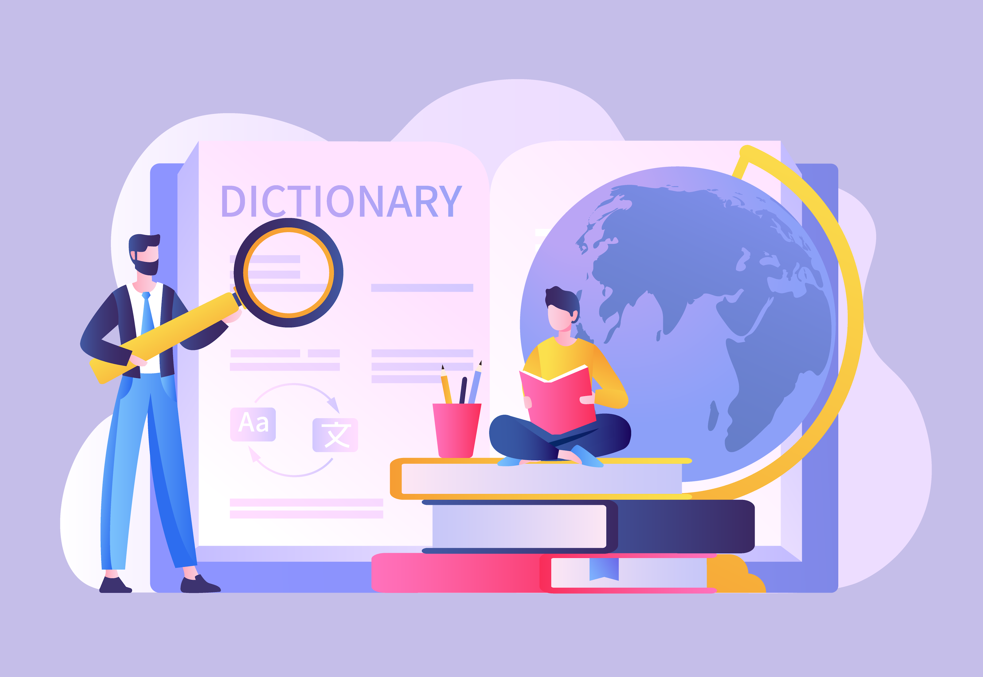 A concept graphic showing a teacher instructing a student in two languages.