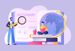 A concept graphic showing a teacher instructing a student in two languages.