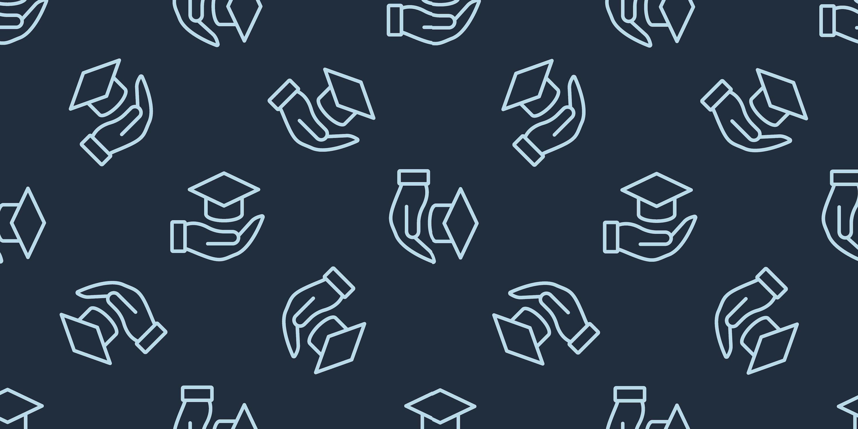 A repeating light blue icon of a hand holding a graduation cap against a dark blue background.