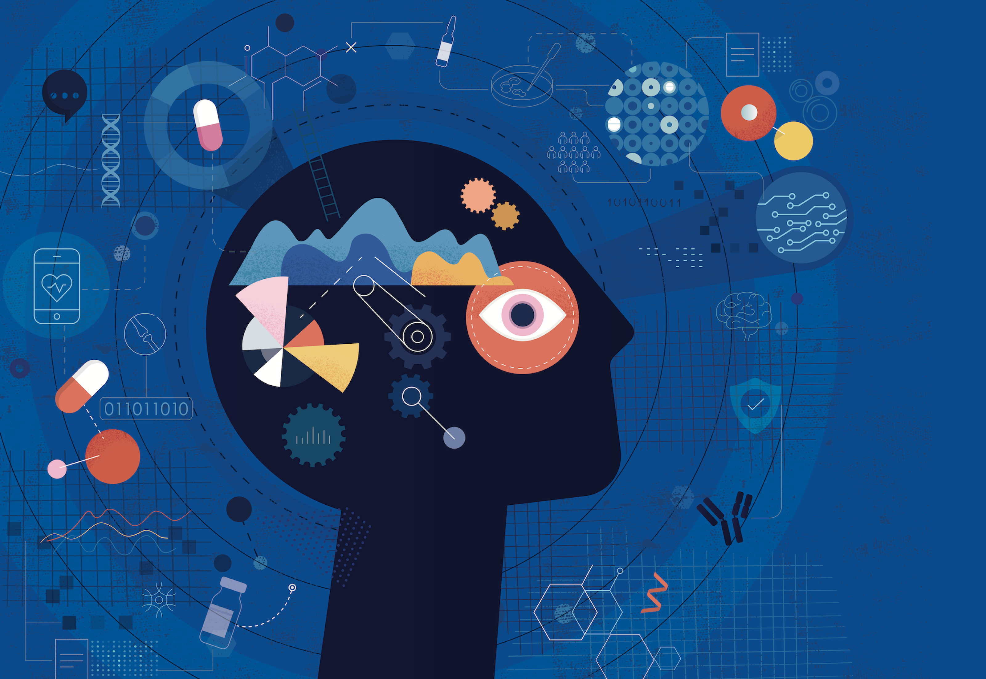 An outline of a person's head filled with various data icons against a dark blue background.